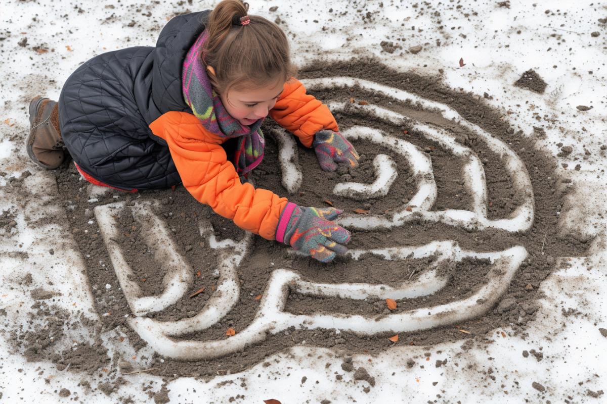 a little girl in a winter coat is looking for a way out of the ice maze, in the style of ice sculptures, photo, winter, Christmas games