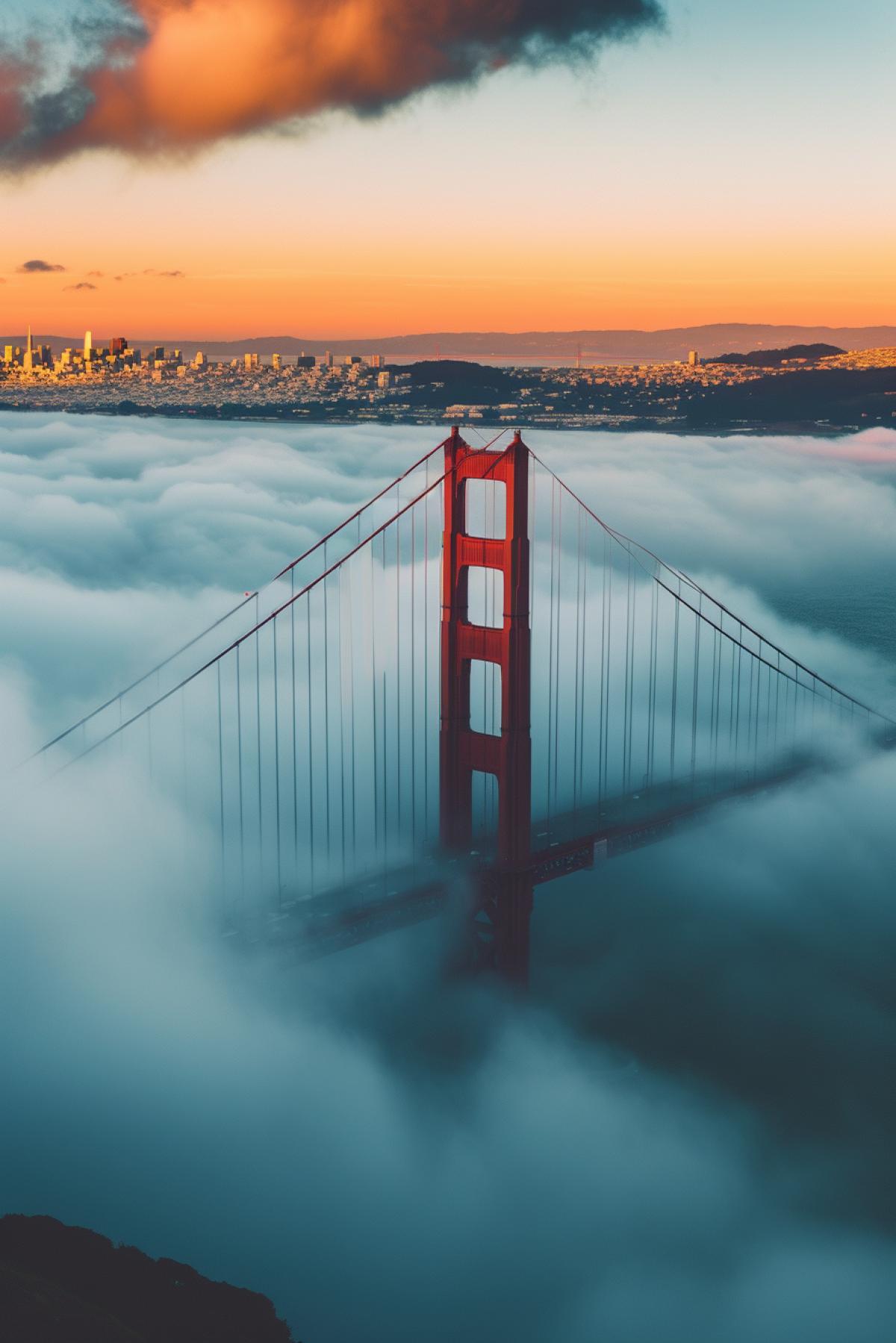 Golden Gate Bridge in the Fog, capture photography, cyberpunk, 8K, high resolution