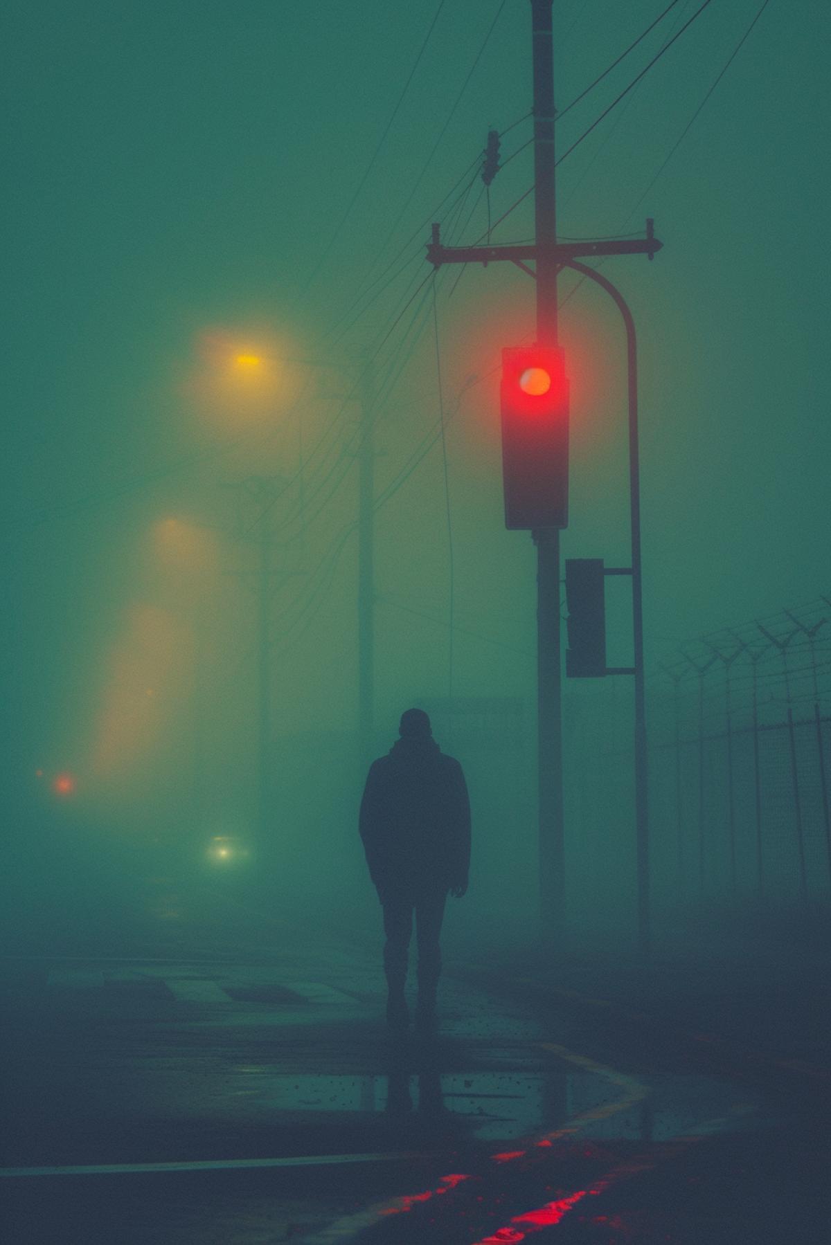 the fog, road, pretoria, in the style of surreal cyberpunk iconography, mcdonaldpunk, sam spratt, harry cdirty manan, light cyan and amber, octane render, iconic civil rights imagery