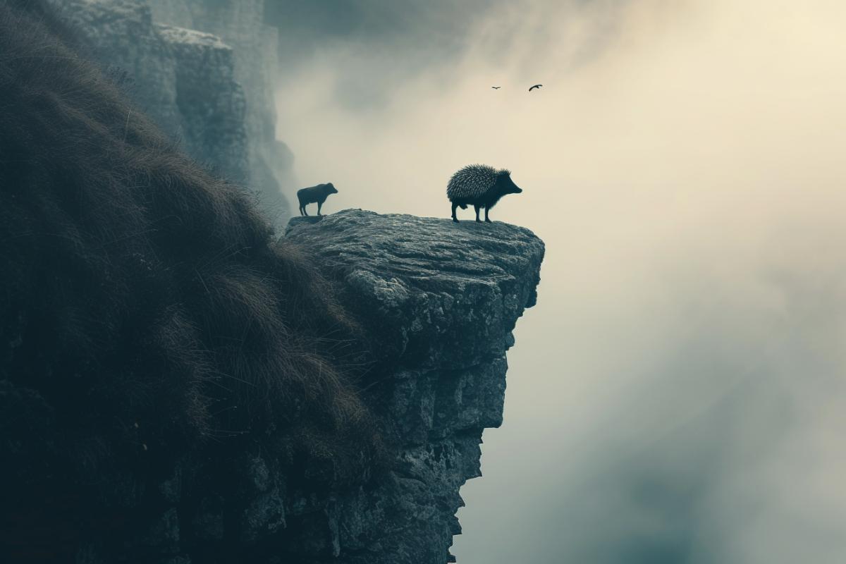 A hedgehog and a cow stand on the edge of an abyss filled with thick fog and look down. The photograph conveys an atmosphere of mystery.