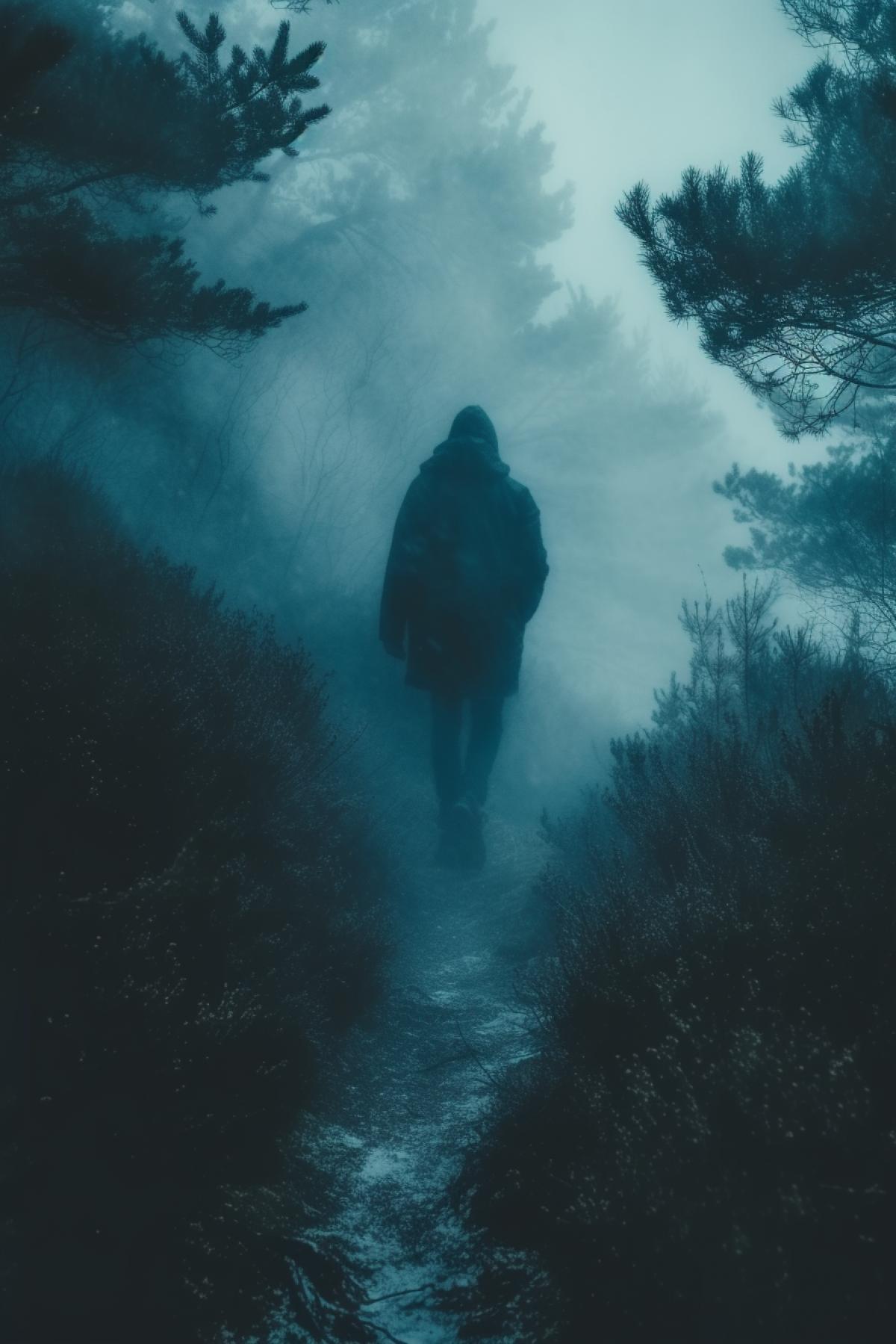 A photo of a foggy forest, with a mysterious figure walking among the trees. The image is dark and eerie, with a contrast between the fog and the shadows. In the style of Caspar David Friedrich and The Blair Witch Project.