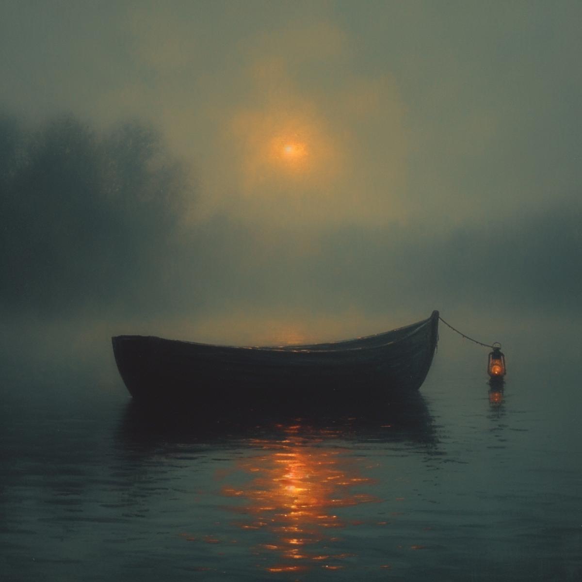 a foggy lake, with a boat and a lantern. The image is calm and serene, with a contrast between the fog and the water. In the style of Claude Monet and The Lady of Shalott.