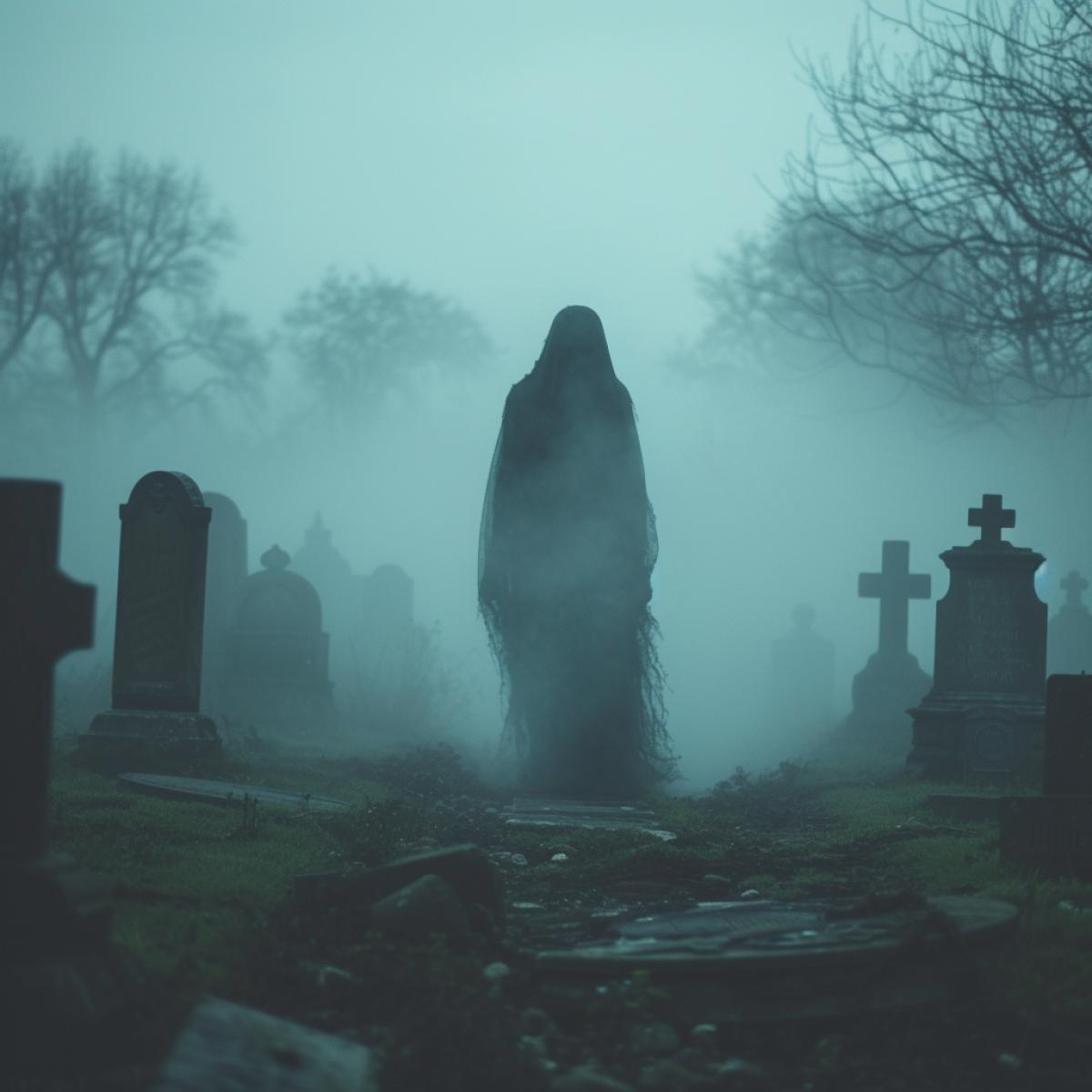 photo of a foggy cemetery, with a ghostly figure rising from a grave. The image is frightening and mysterious, with a contrast between the fog and the tombstones. In the style of Edgar Allan Poe and The Sixth Sense.
