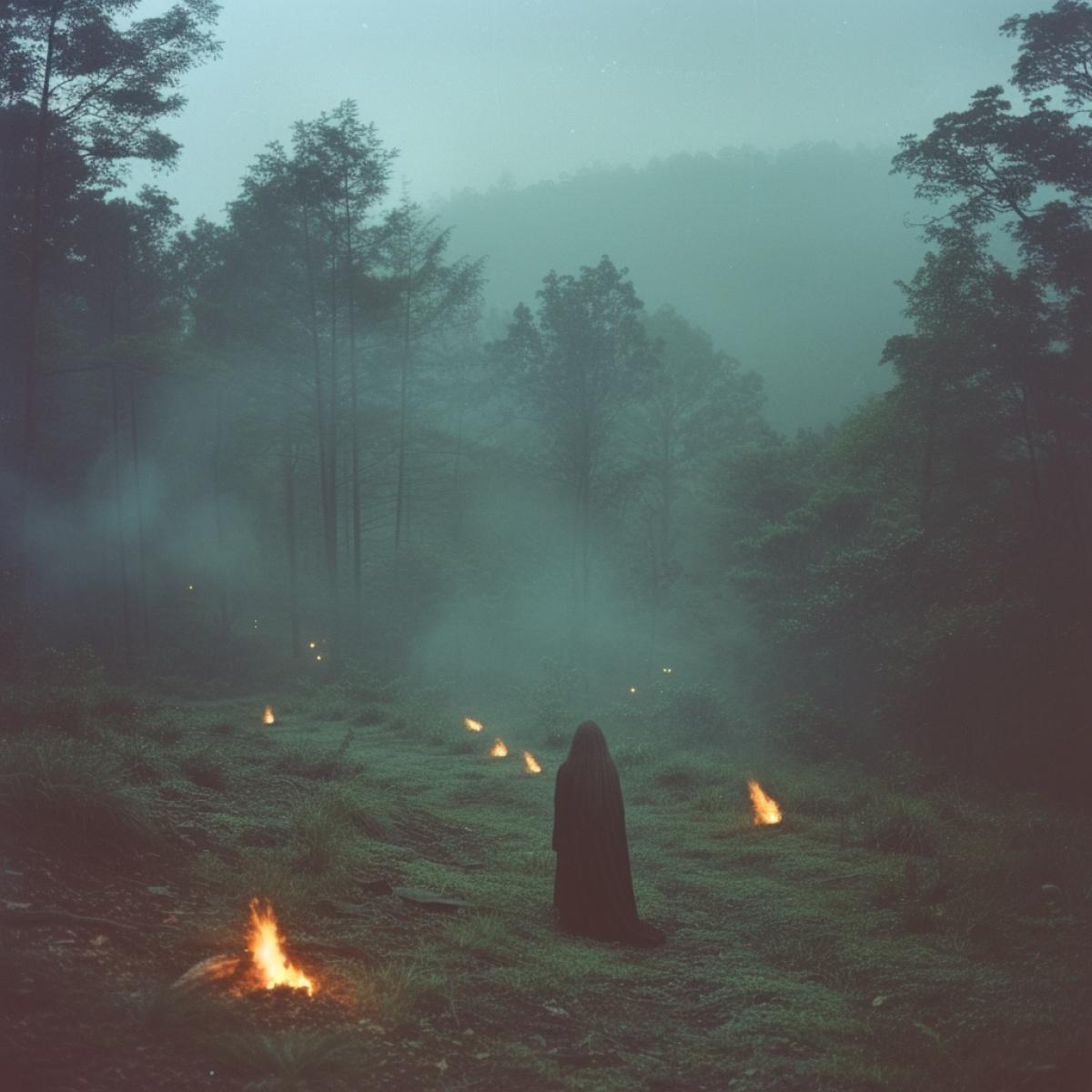 Photo of a foggy forest, with a witch performing a ritual in a clearing. The image is mystical and dark, with a contrast between the fog and the fire. In the style of Arthur Rackham and The Blair Witch Project.