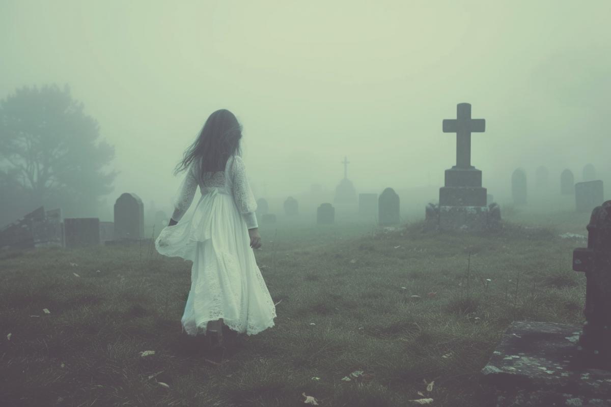 A little girl walks in a white dress through a cemetery in the fog, ghosts, gothic
