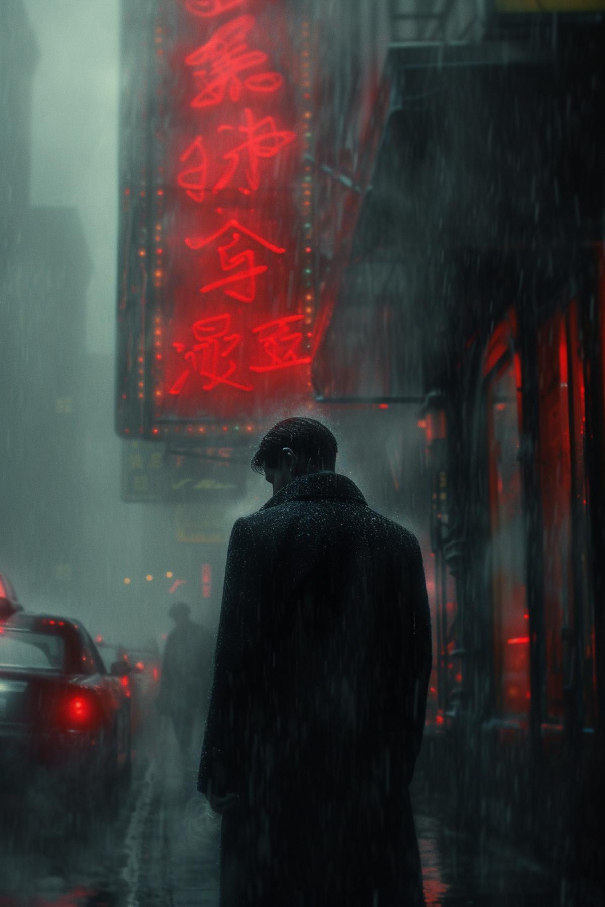 Photo a foggy city, with a detective following a trail of clues in a murder case. The image is suspenseful and intriguing, with a contrast between the fog and the neon signs. In the style of Raymond Chandler and Blade Runner.