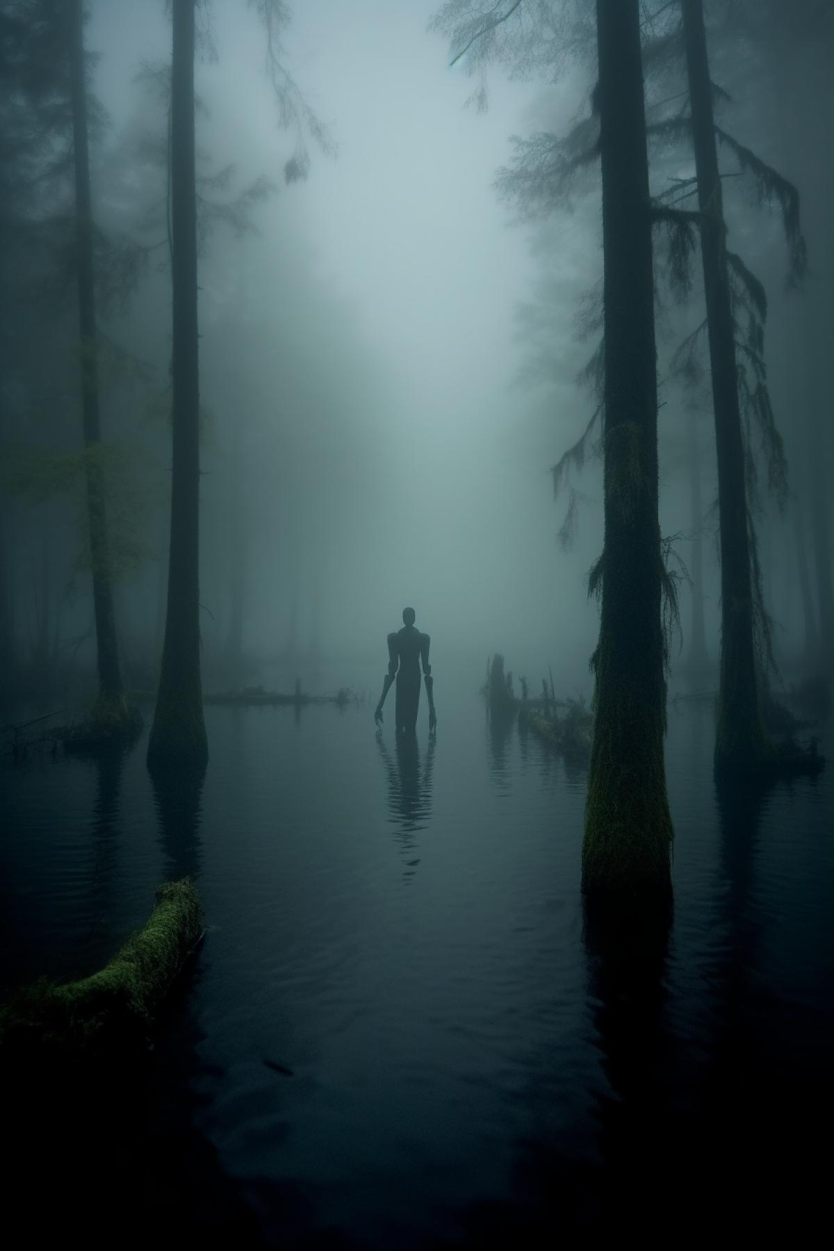 Ominous fog in a swamp in Karelia, mysterious light