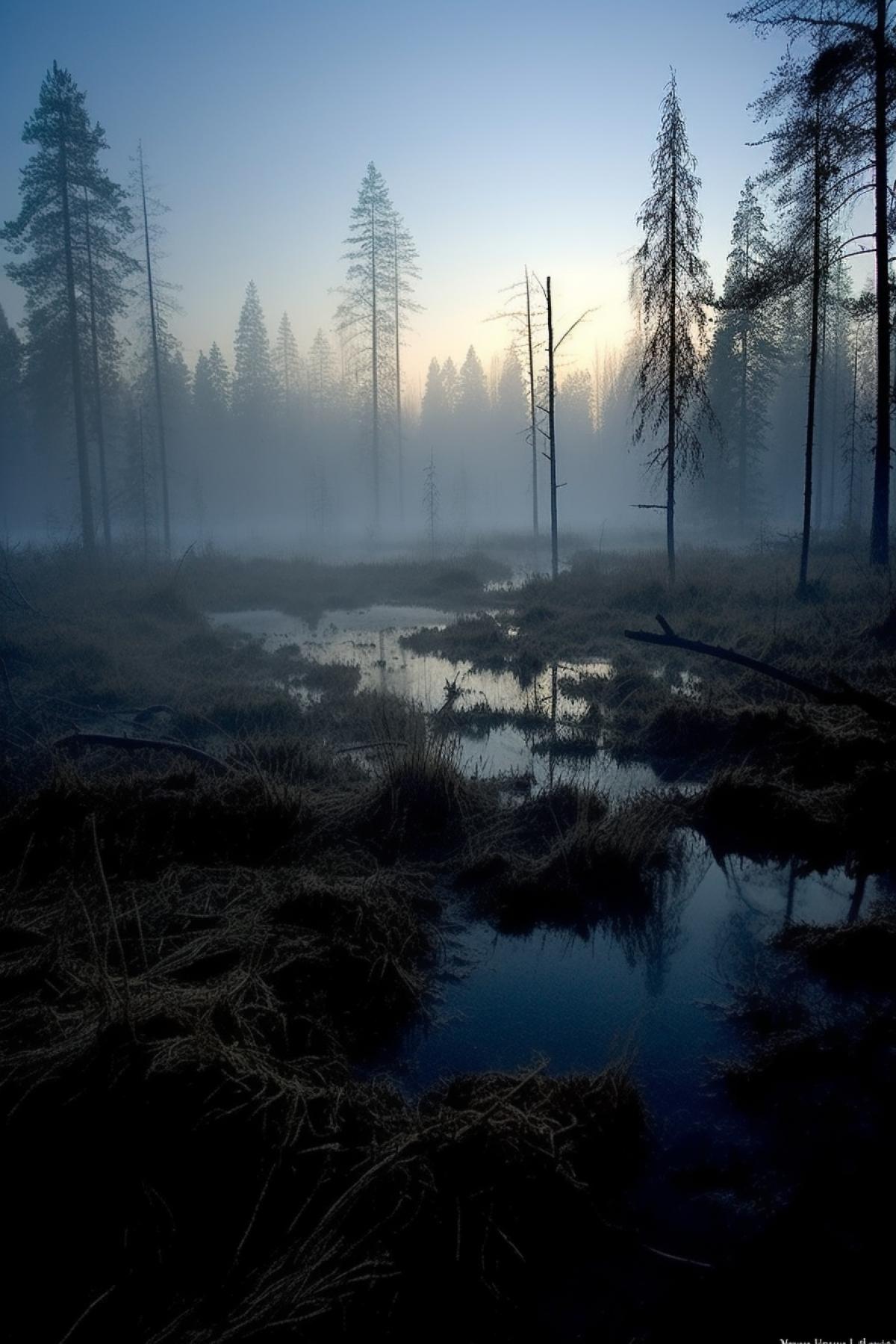 Ominous fog in a swamp in Karelia, mysterious light