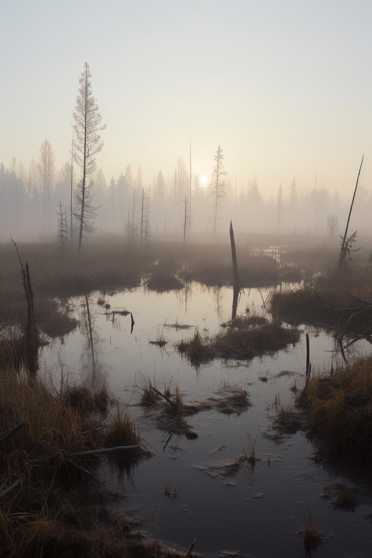 Ominous fog in a swamp in Karelia, mysterious light