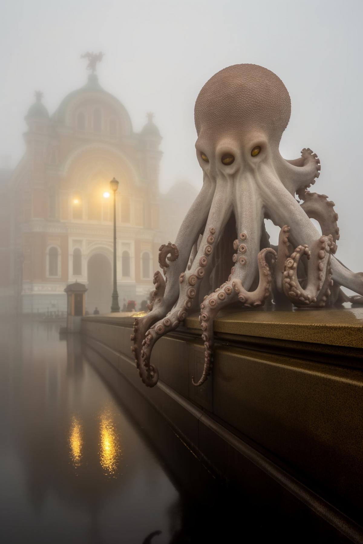 Octopus in a coat in foggy Petersburg, thick ominous fog