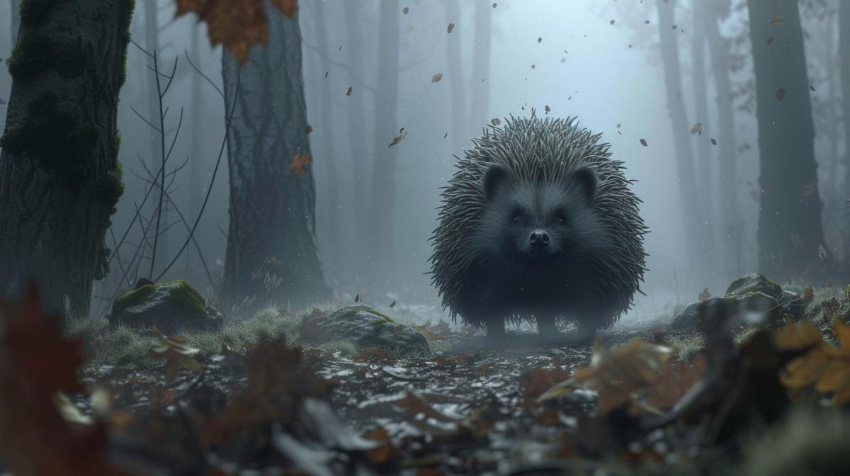 Huge chubby hedgehog in a foggy forest