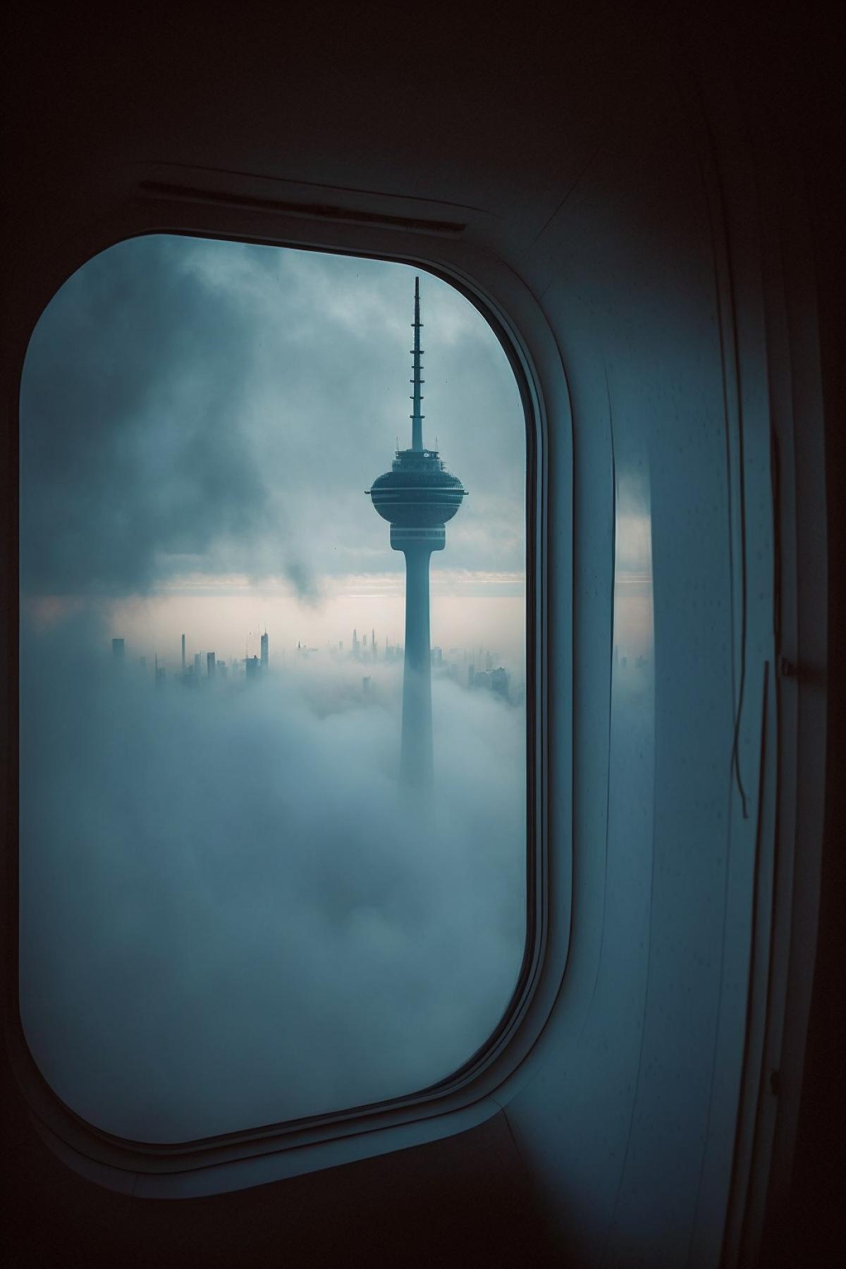 Ostankino TV Tower in the morning fog, view from an airplane window