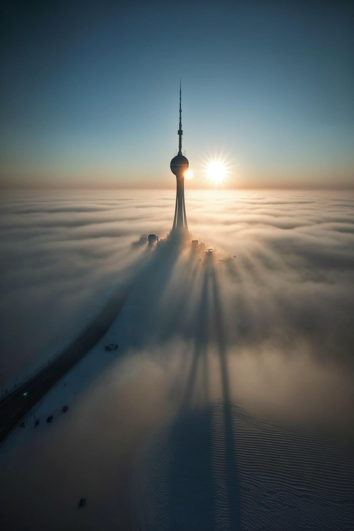 Ostankino TV Tower in the morning fog, view from an airplane window