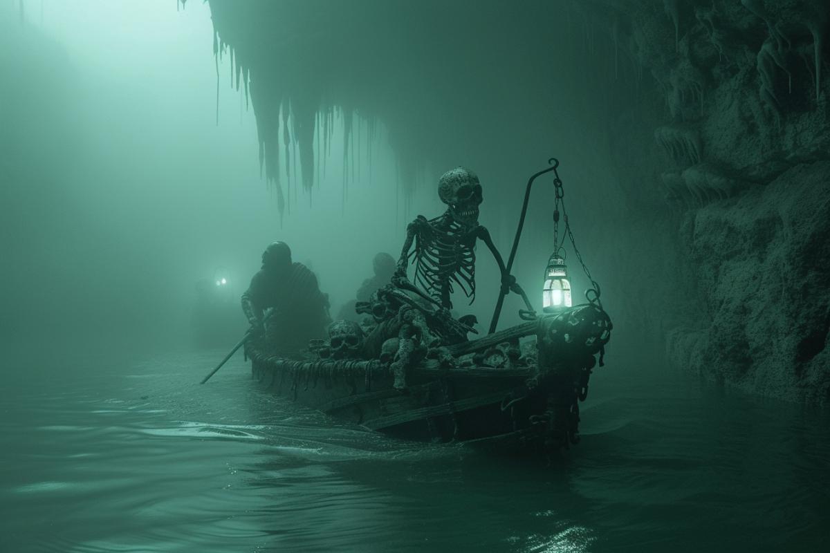 A boat with skeletons floats on the river Styx along the river of the dead in a cave in thick fog, the skeleton holds a lantern in his hand