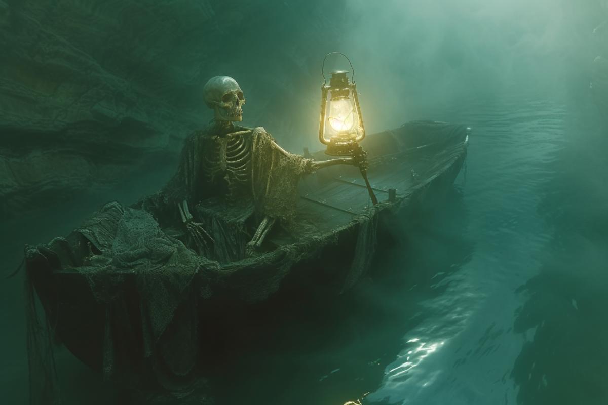 A boat with skeletons floats on the river Styx along the river of the dead in a cave in thick fog, the skeleton holds a lantern in his hand