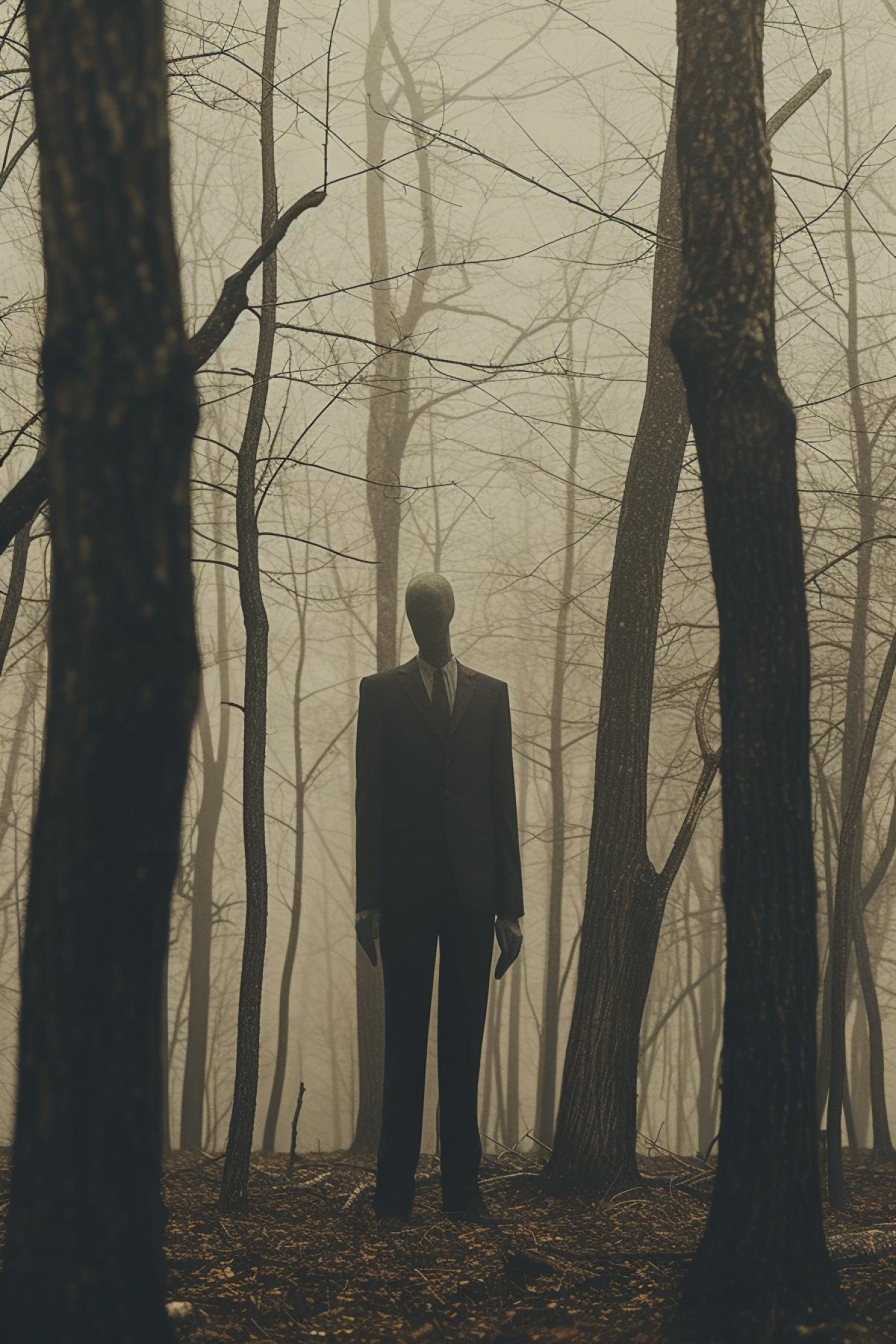 An eerie forest, between the trees a large thin human figure without a face, a figure in a dark business suit, fog all around, a oppressive atmosphere of hopelessness