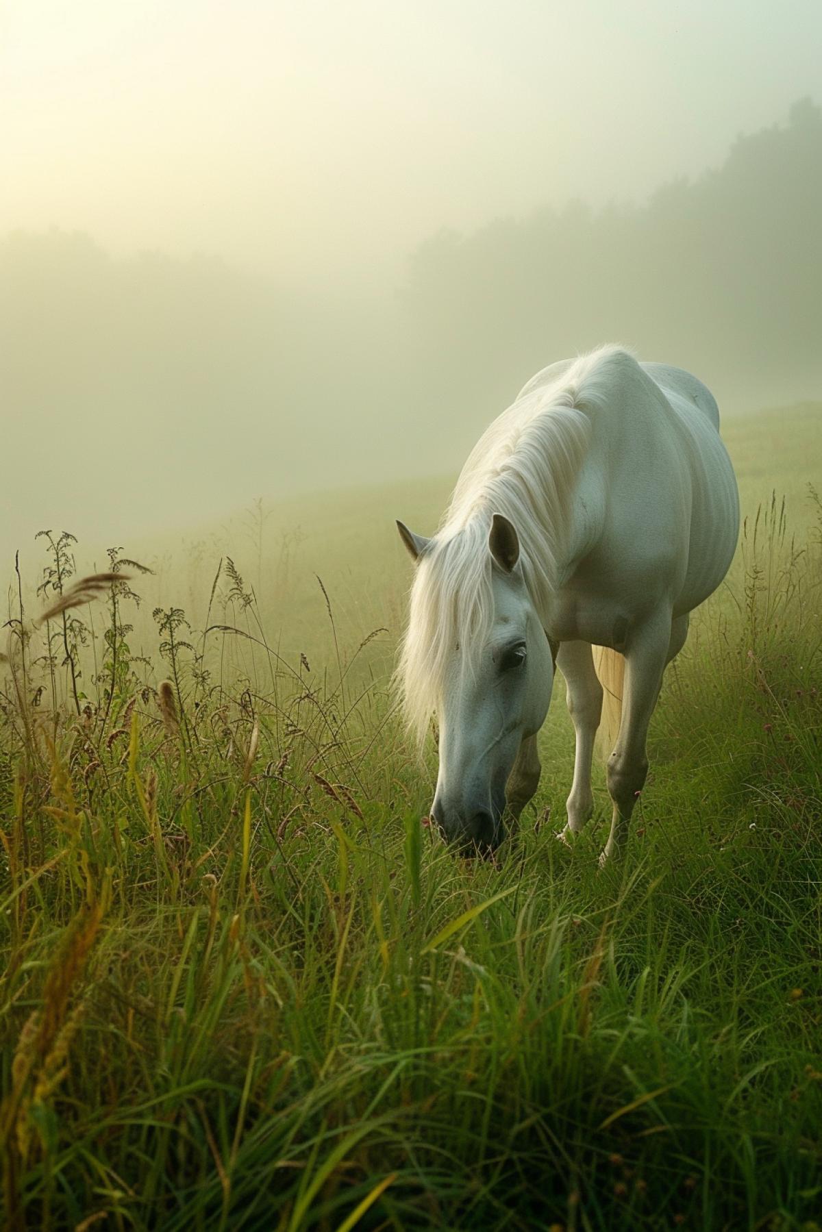 White smart horse in fog far on distance reading grass in the meadow misty summer morning juicy colours