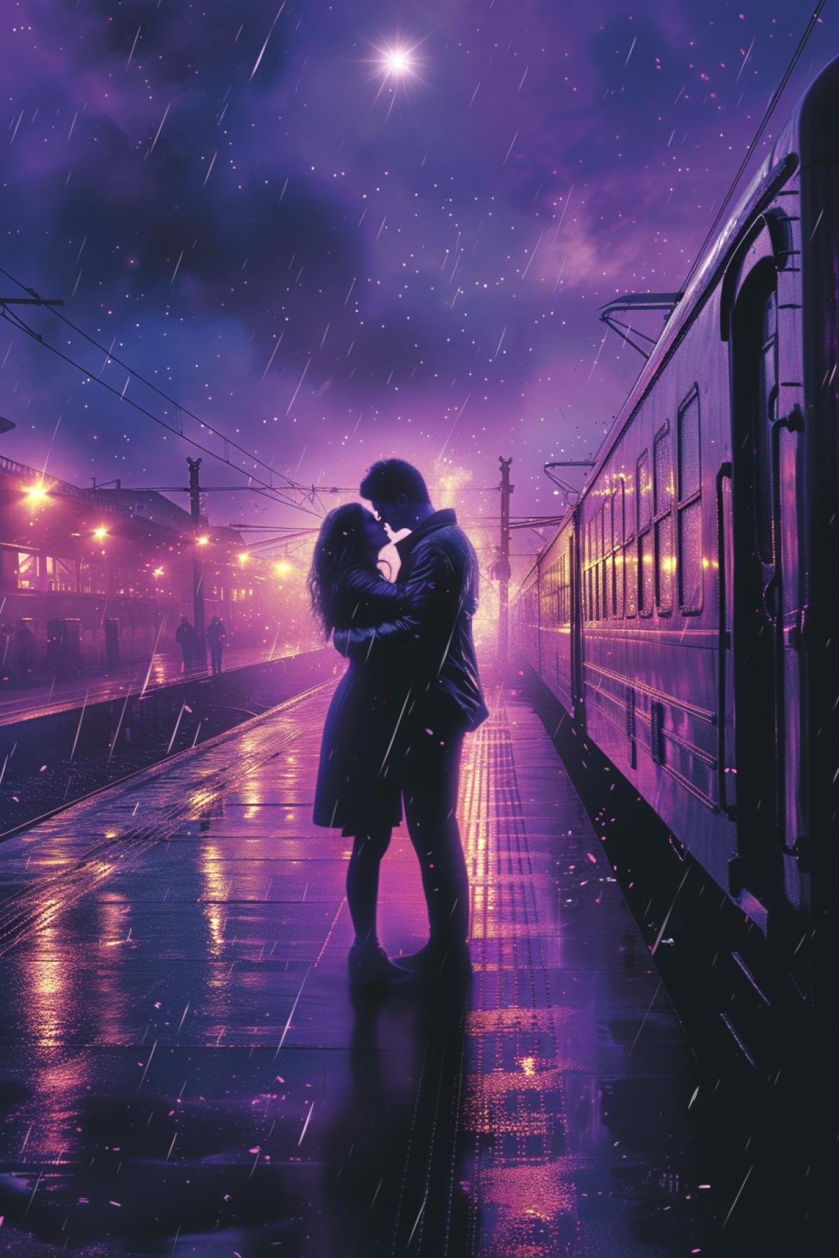 Young couple hugging near train on railway platform in violet mystic mist one bright star high in the sky