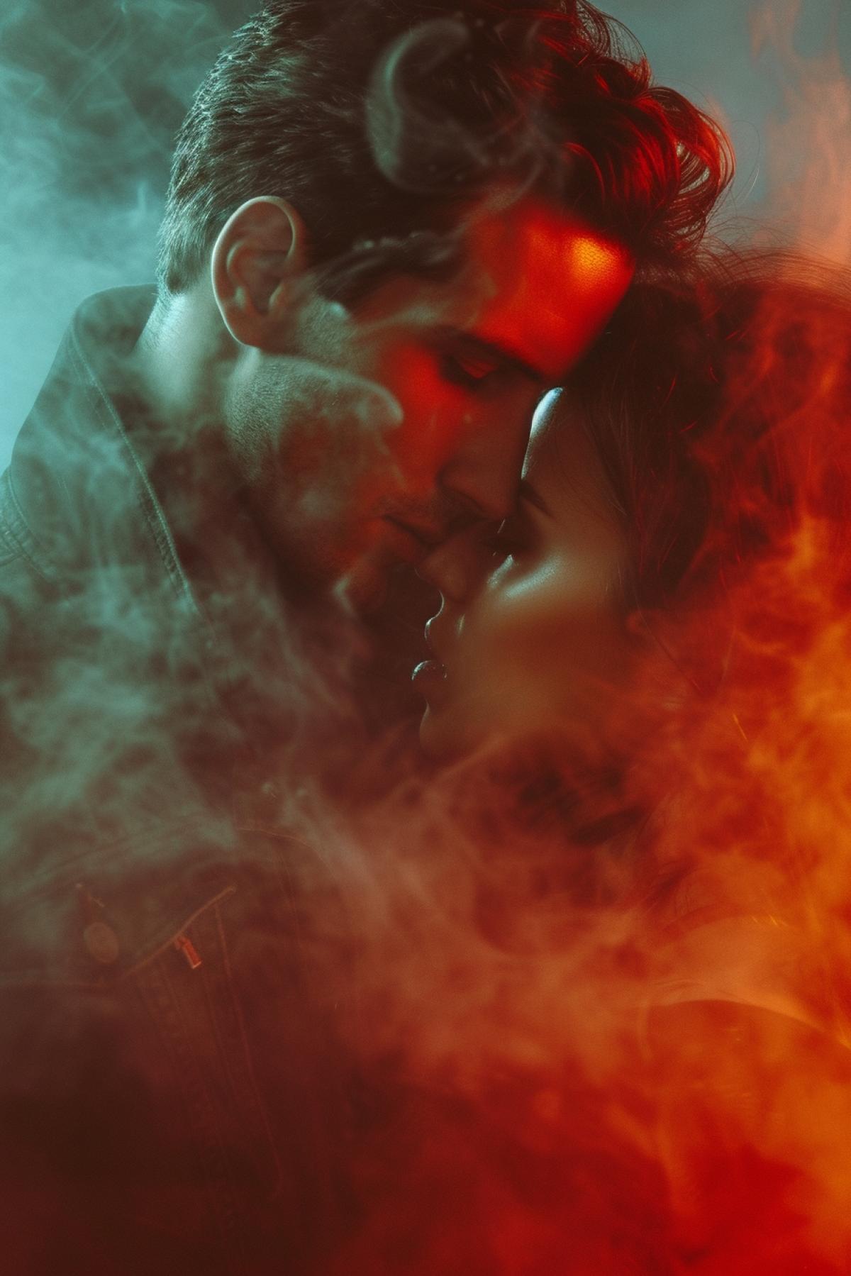 Mysterious thick animated mist with tender handsome male face features hugging young beauty general view mystic