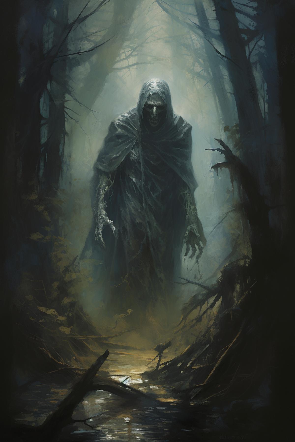 Zombie, dark forest, thick fog, night, by Donato Giancola, darkness and horror style