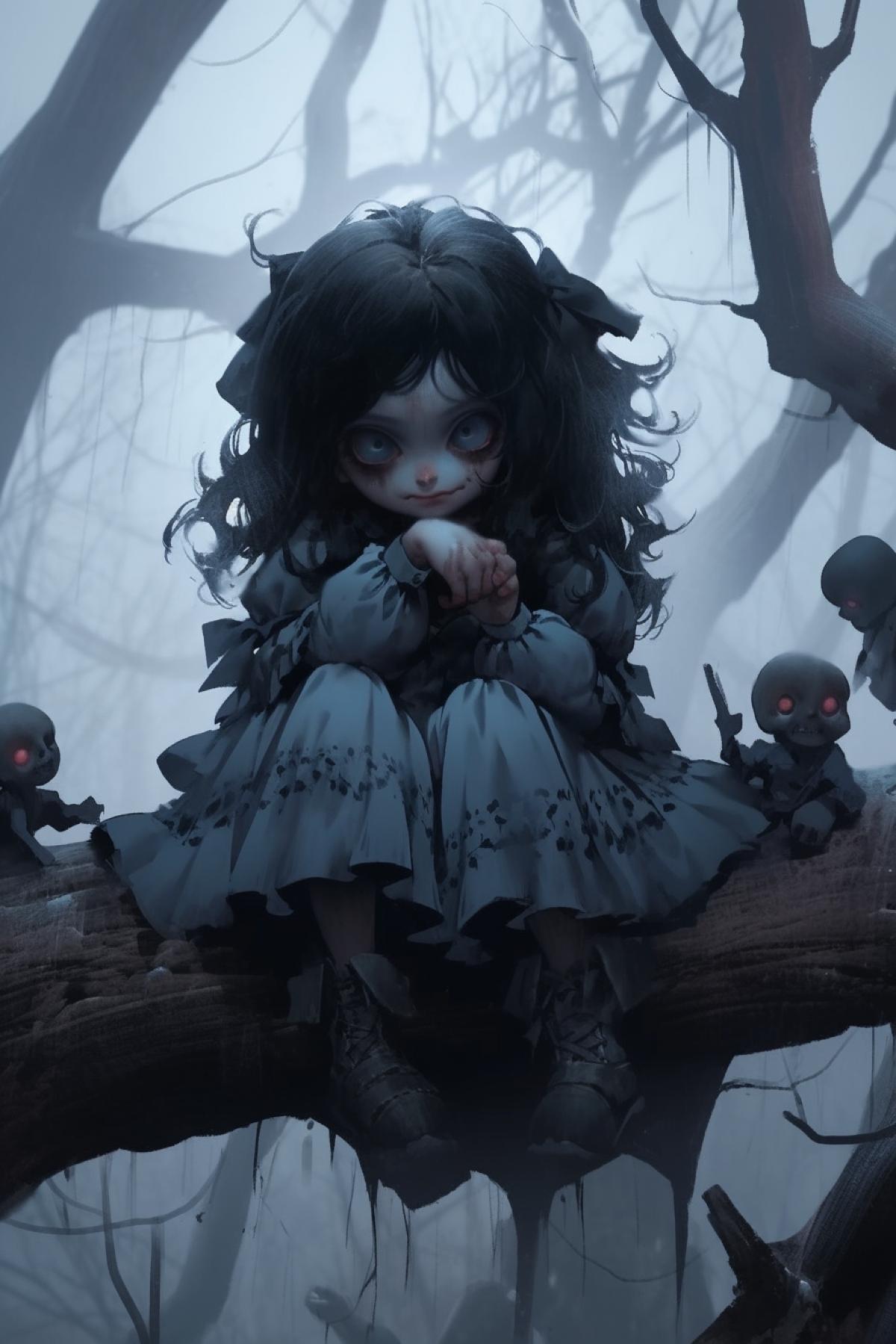 A scary doll sits on a fallen tree, thick fog, dark forest, illustration for a horror game, darkness