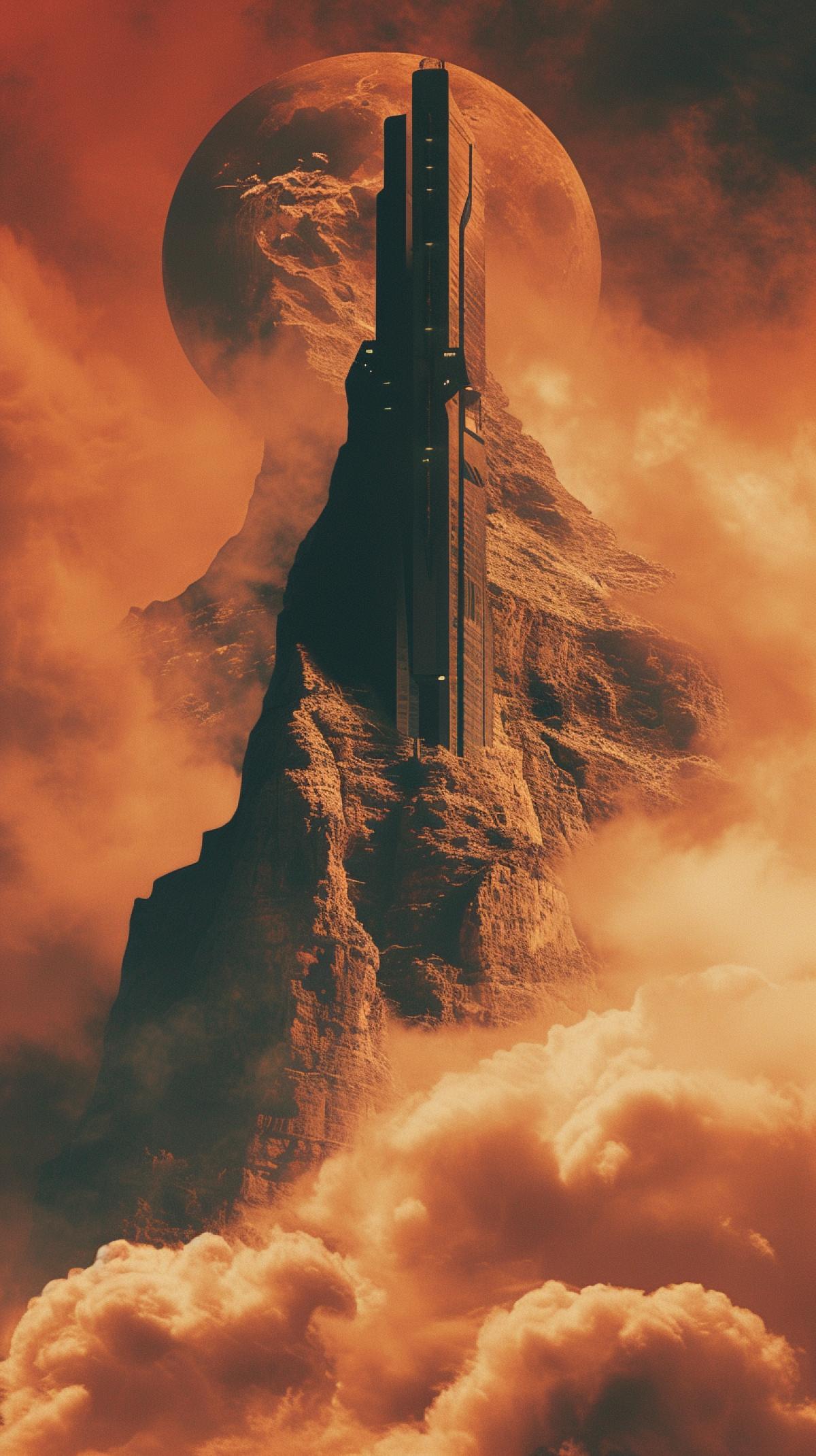 in space exploration, a giant spaceship is landing on an island, in the style of orange and bronze, horror film, movie still, dinocore, konica auto s3, columns and totems, strong facial expressions, horror-inspired, realistic genre scenes, stormy sea covered in fog in some clouds, in the style of heiner luepke, dark com4ks, dramatic diagonals, dark and moody, toraji, swirling vortexes weird 30 ar 4:5
