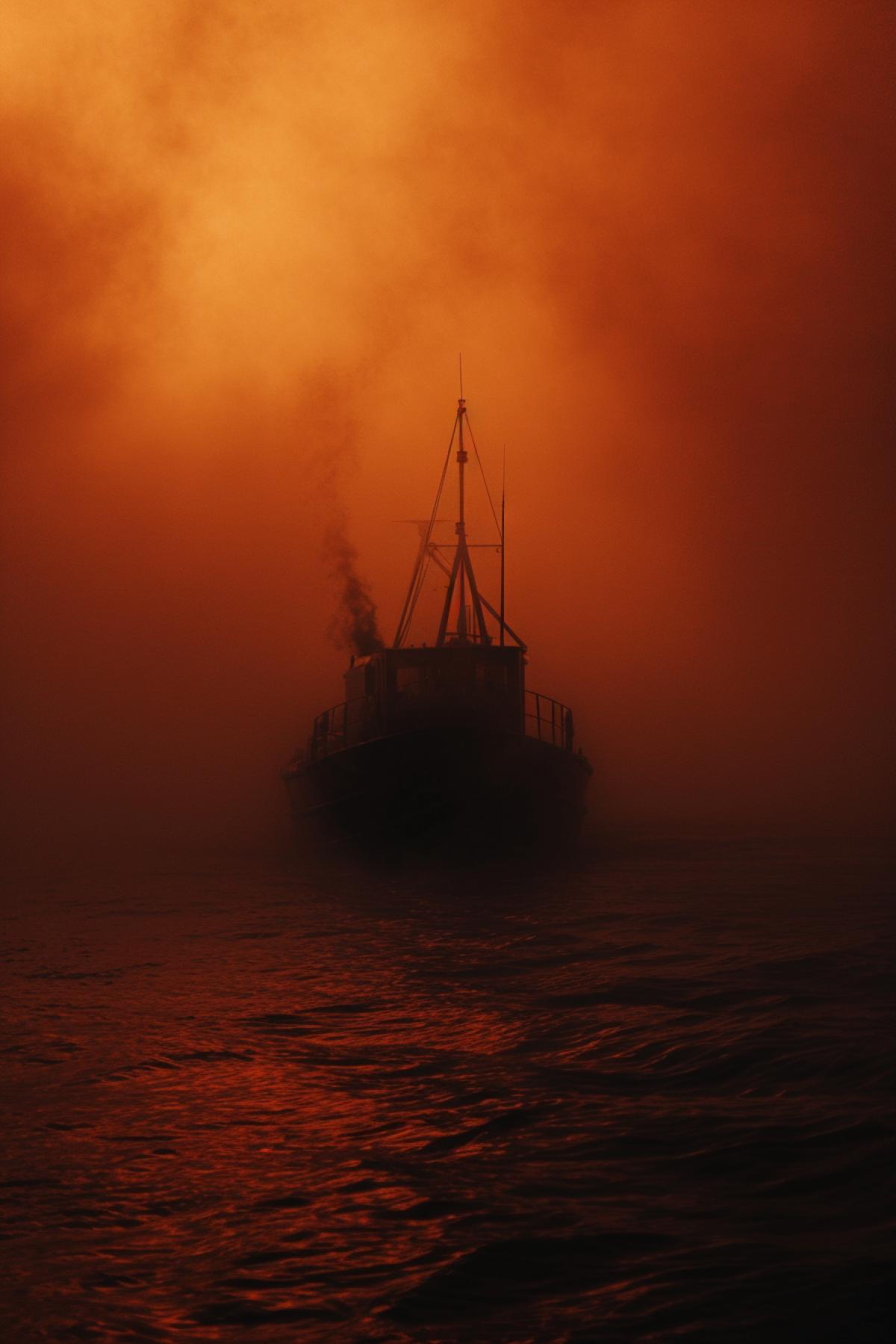 Boat, in the style of dark orange and light amber, experimental cinematography, dystopian realism, made of mist, expansive skies, transavanguardia, movie still