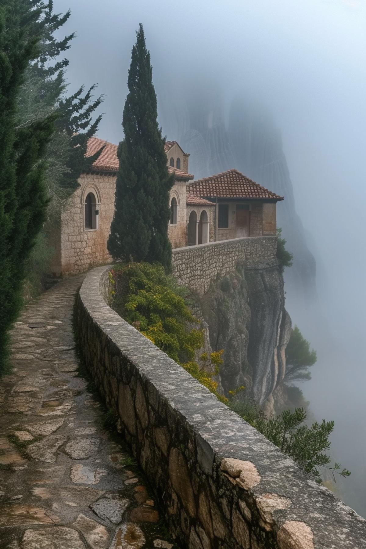 monastery of montanhens in the fog, in the style of dramatic vistas, greek art and architecture, captivating documentary photos, 32k uhd, angular simplicity
