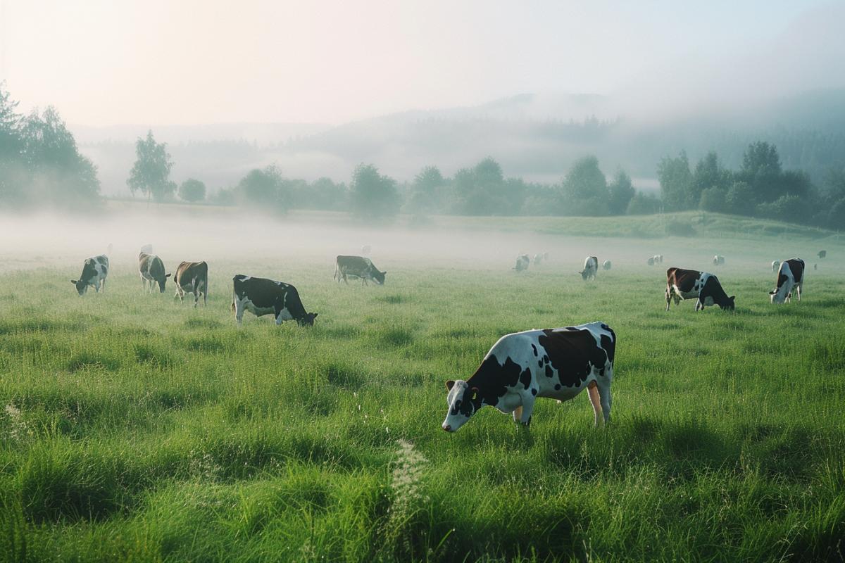 cows grazing grass in a field, in the style of mist, nikon f2, norwegian nature, #vfxfriday, steinheil quinon 55mm f/1.9, webcam photography, new american color photography