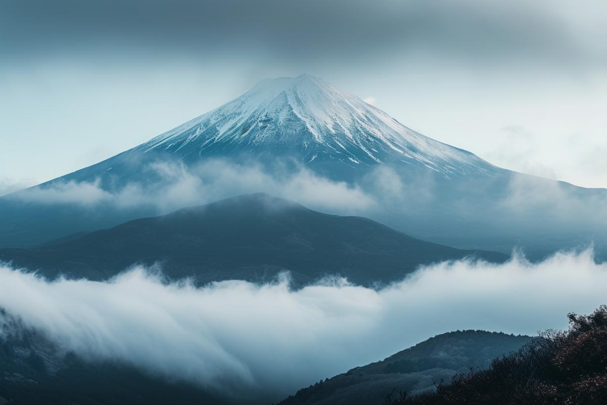 in one of the mountains, mt fuji is seen through the clouds, in the style of dimitry roulland, orange, sigma 105mm f/1.4 dg hsm art, alexander fedosav, shaped canvas, soft pastel, high quality photo
