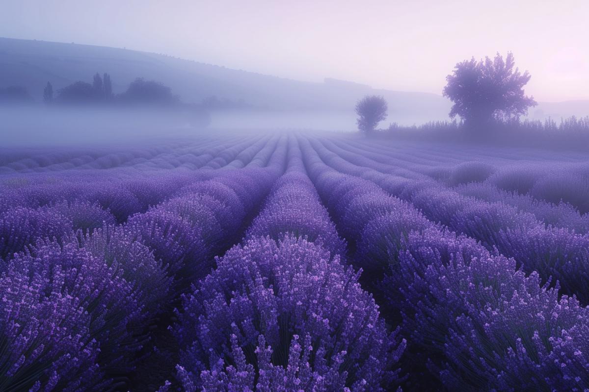 Lavender fields in the fog