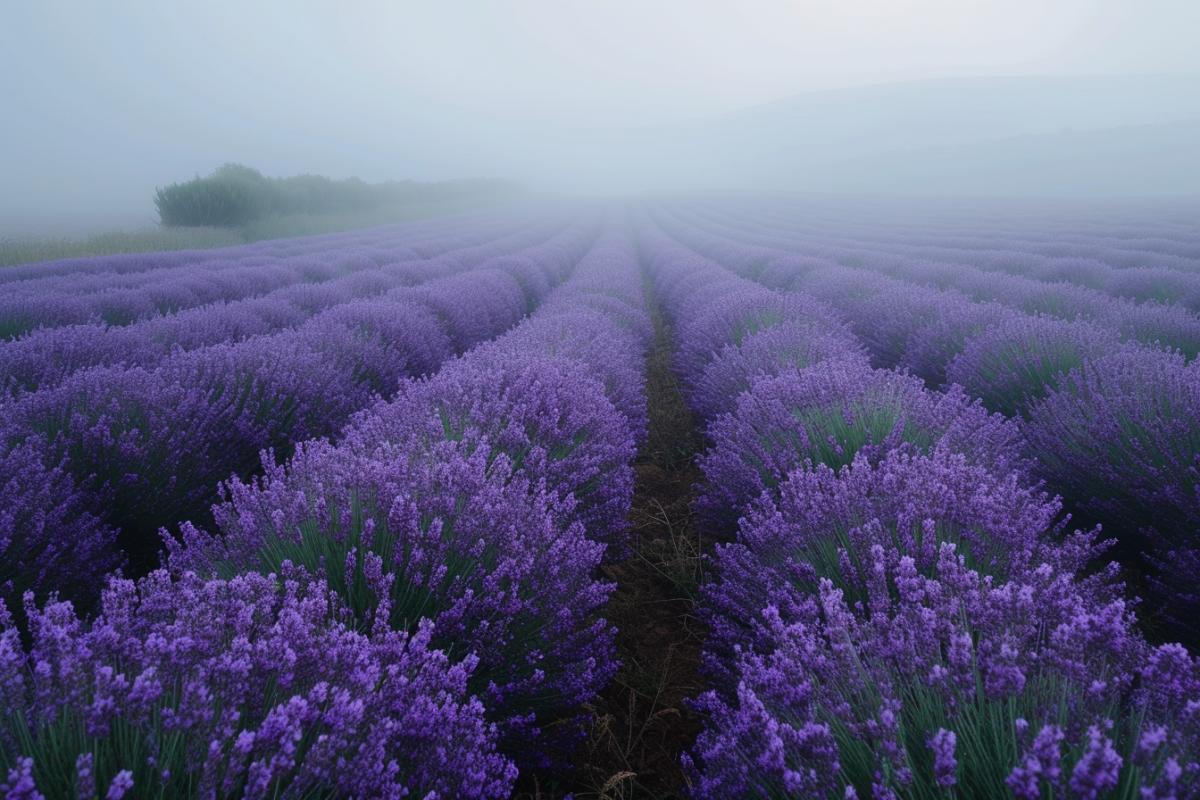 Lavender fields in the fog