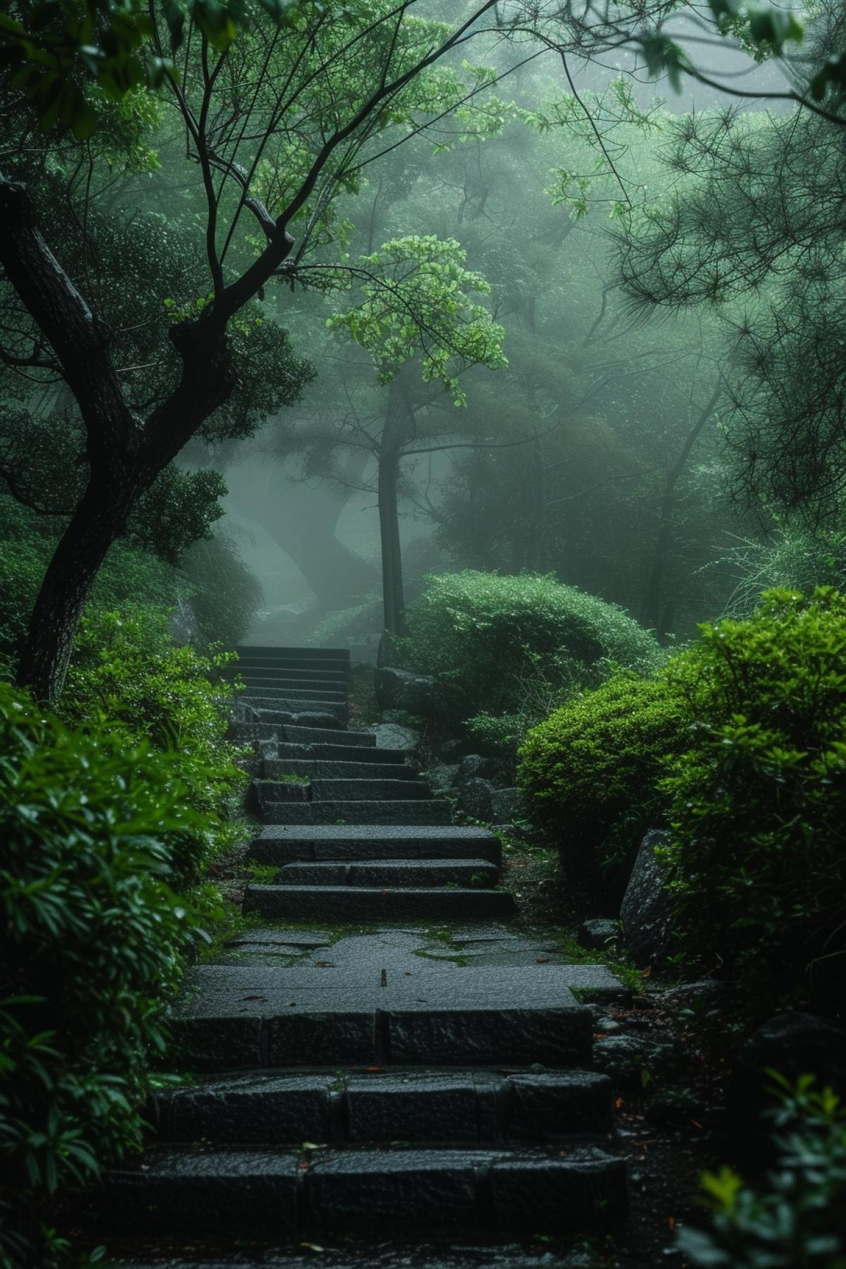 a pathway leading into a lush green forest, in the style of misty atmosphere, zen buddhism influence, kahlil gibran, tadao ando, misty gothic, atmospheric urbanscapes, dao trong le