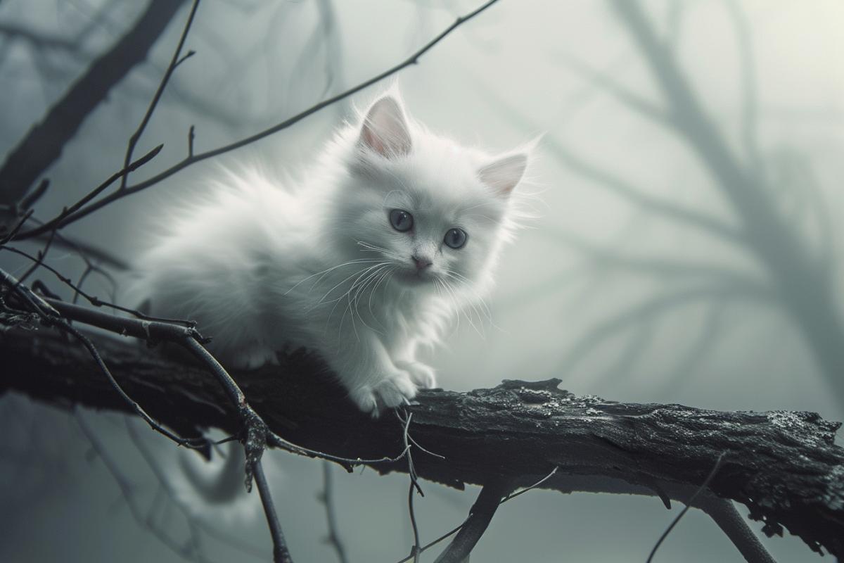 A frightened white fluffy kitten sits and trembles in the thick fog on a tree branch, he is scared by skeleton cats from the fog