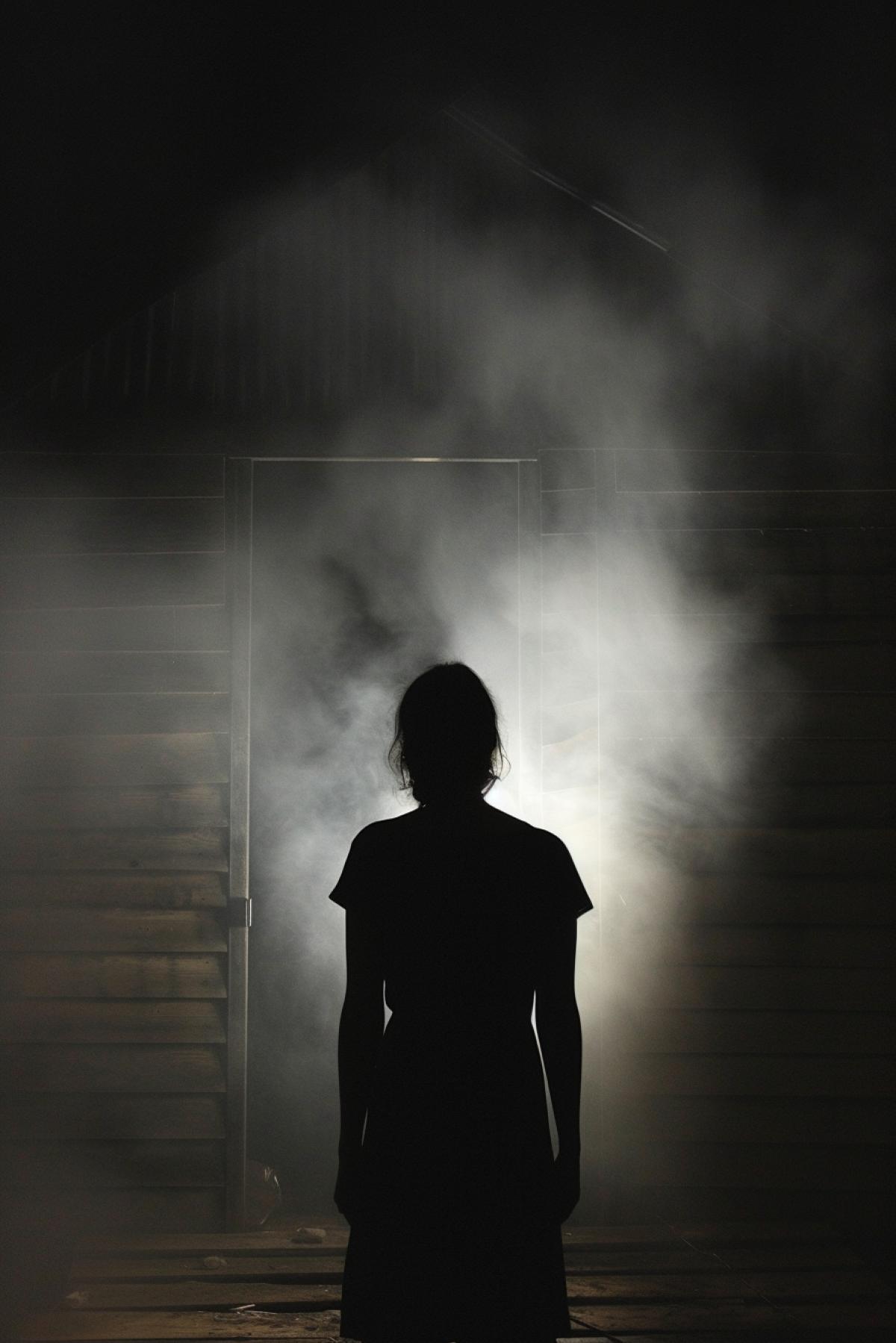 a person standing in front of smoke from a darkened building, in the style of playing with light and shadow, realistic depictions of human form, soft-focus portraits, conceptual installation, dark, muted colors, tattoo inspired, emotive gestures and expressions