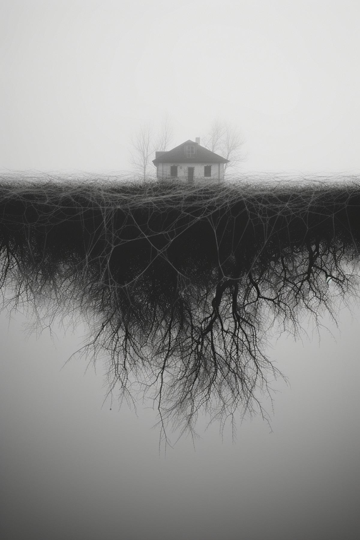 dark cobweb avalanche cute white cottage white grass, beautiful photo of un upside down marsh in the upside down desert plains with everything falling down trees hang towards the ground and nature clings to the upside down White grass misty dense fog, dark and white, no color