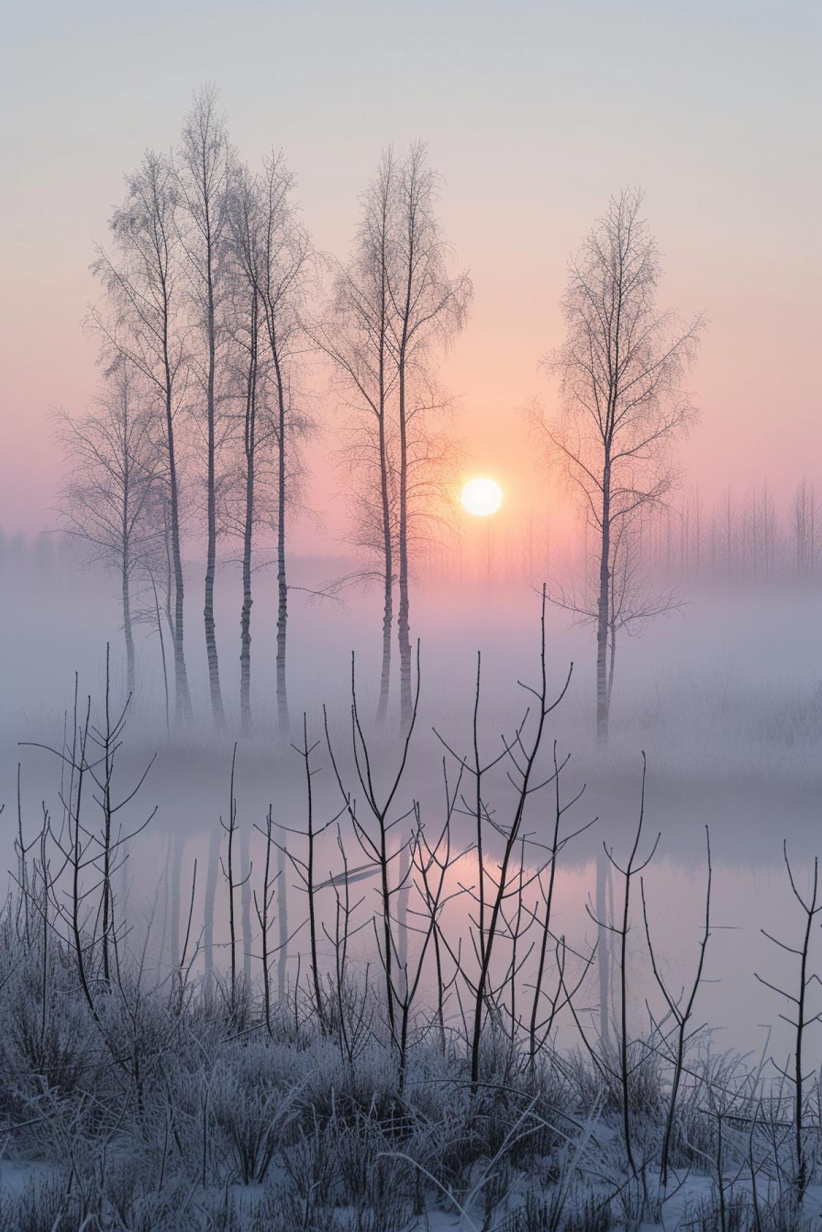 dawn in the fog over the birches in the swamp