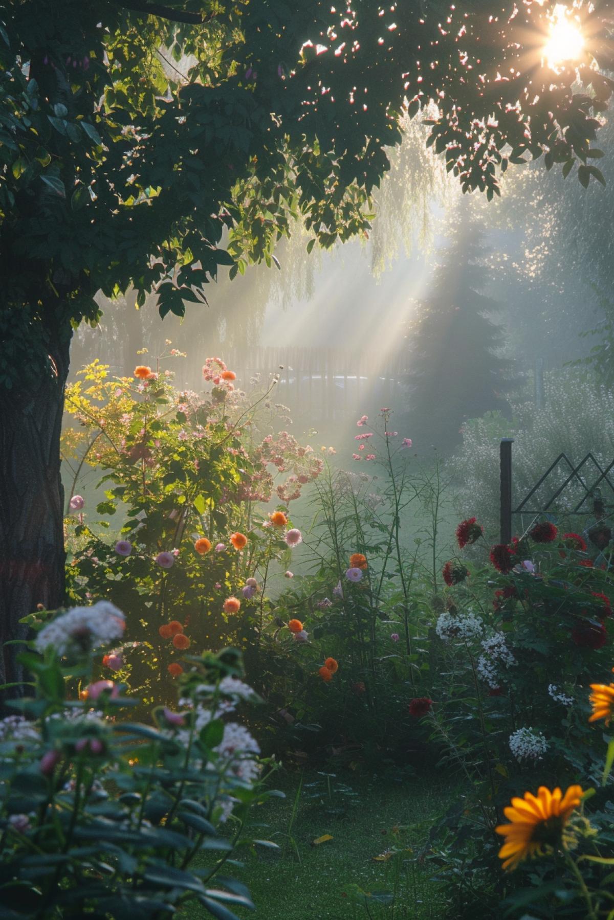 Morning blooming garden in Russia fog and the first rays of the sun