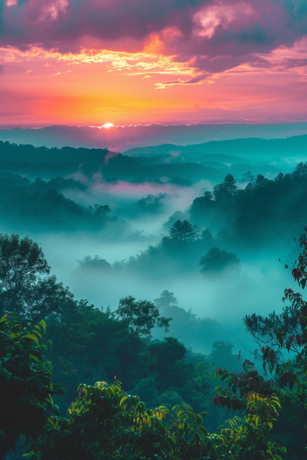 pink, blue, green, yellow, fog, morning lazy mood, beautiful vast sunrise landscape, Deep Color, Intricate, 32k resolution concept art, Natural Lighting, Beautiful Com4k, malachite