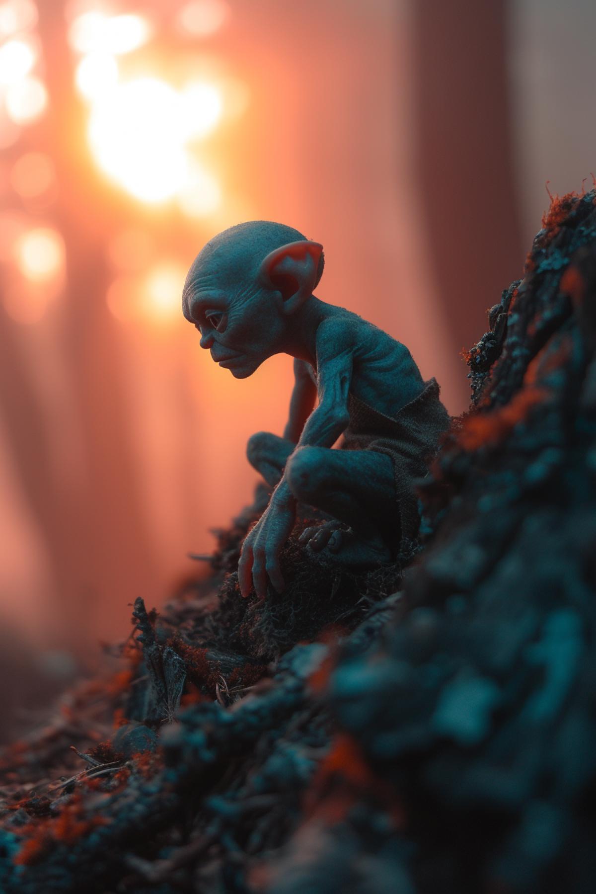 Gollum, the gradient of colour, minimalistic organism, cinematic lighting with early morning fog, twilight golden hour, Katzmann style