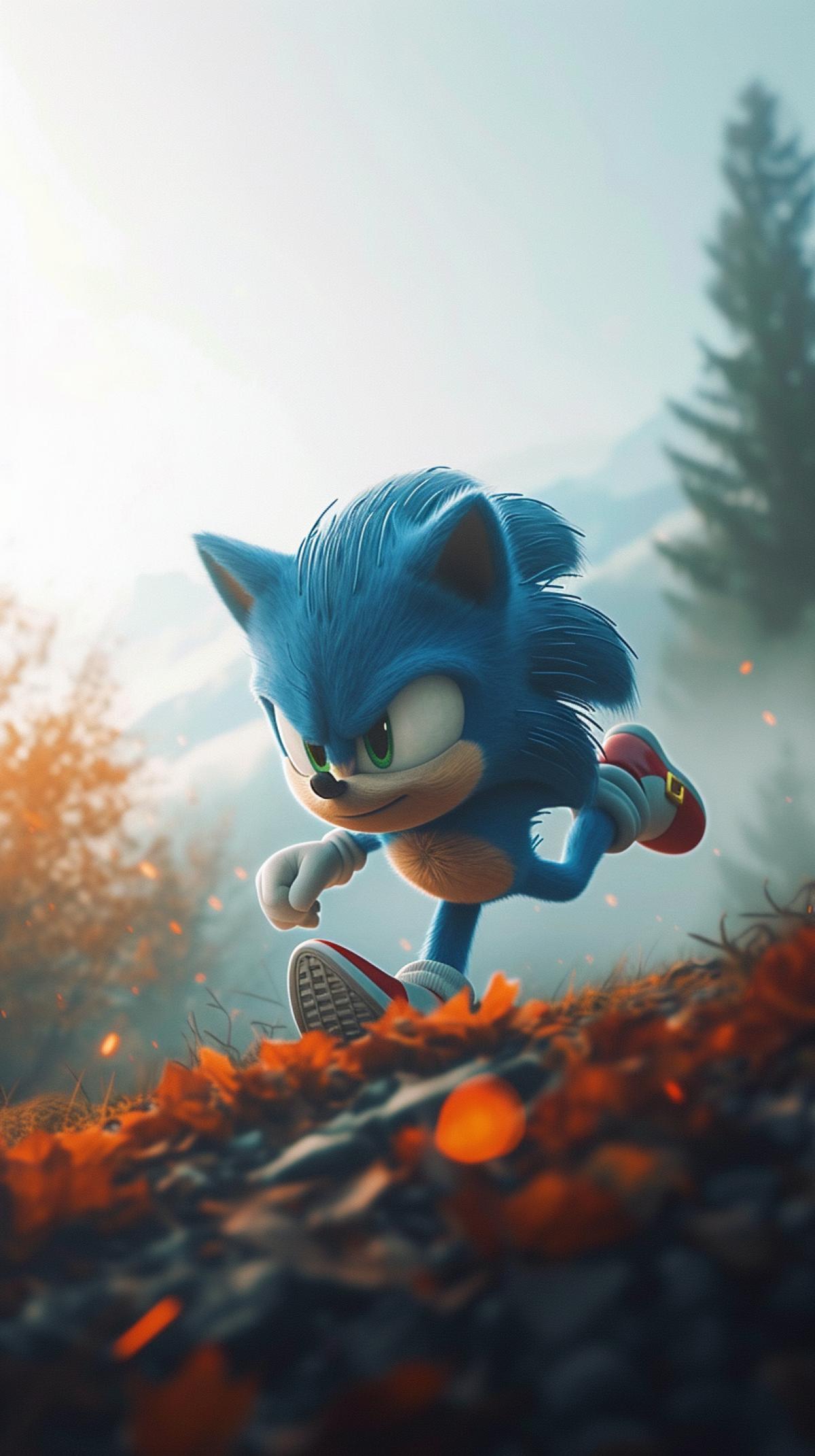 Super Sonic the Hedgehog in the morning fog in the Alps. Photograph in the style of National Geography