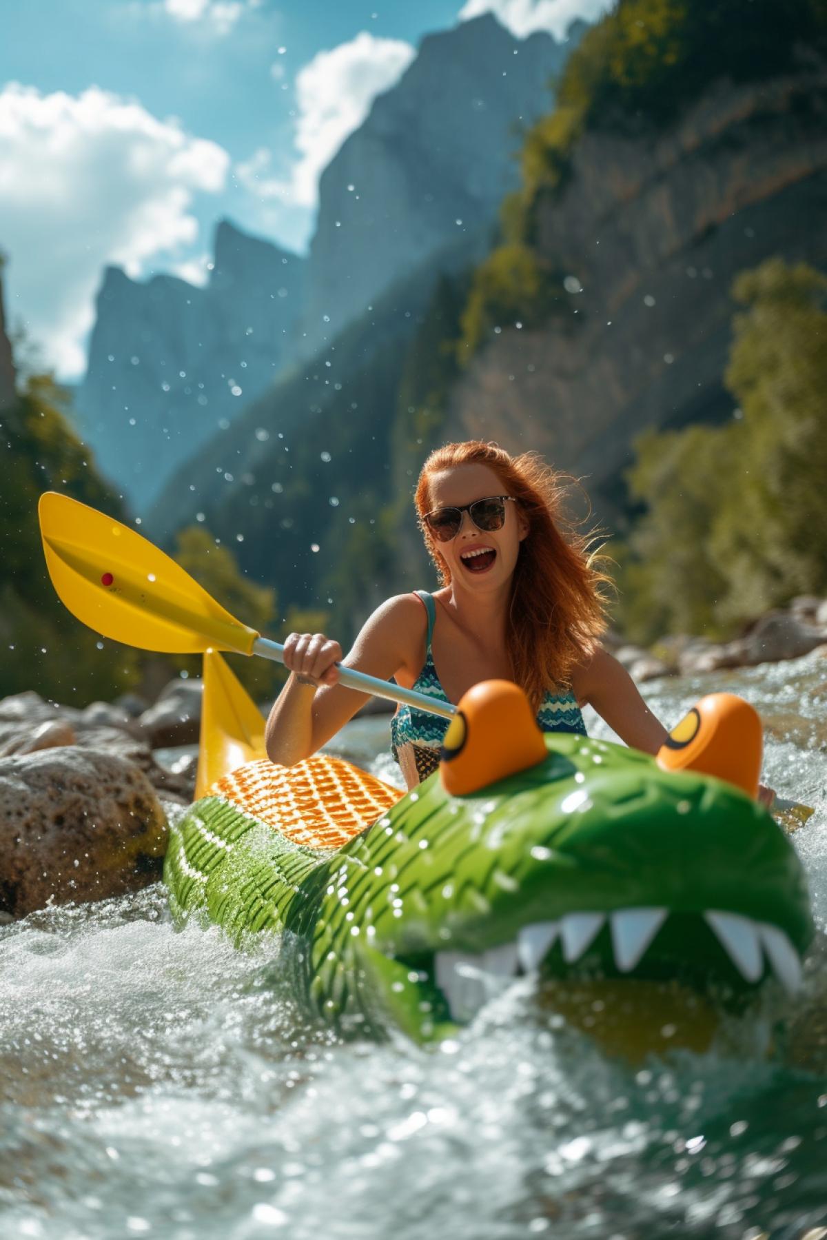 Low view at beautiful red-haired 27-year-old woman rafting the descending stony mountain stream on the inflatable toy crocodile with canoe oar, serious concentrated tensed face overcoming danger dynamics rush lots of details sunny summer day
