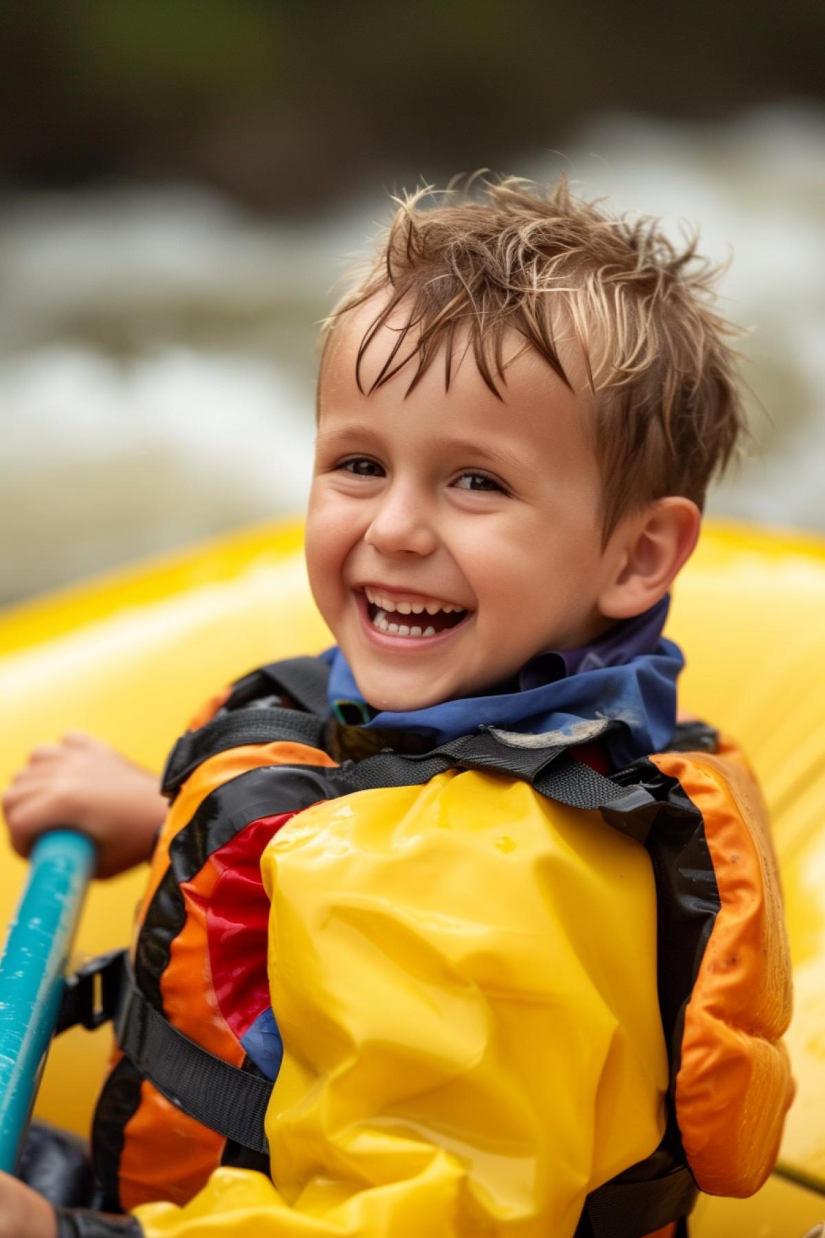 Adorable happy kid doing rafting