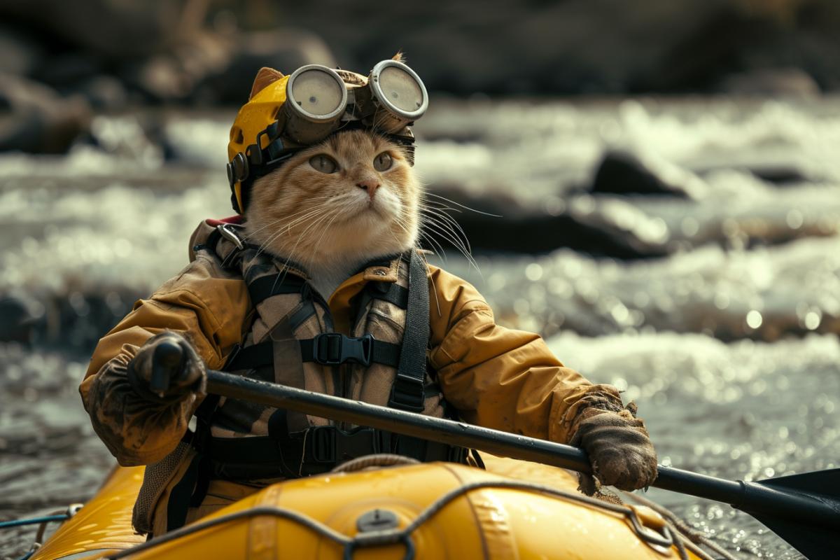 Rafting cat is engaged in rafting extreme steampunk