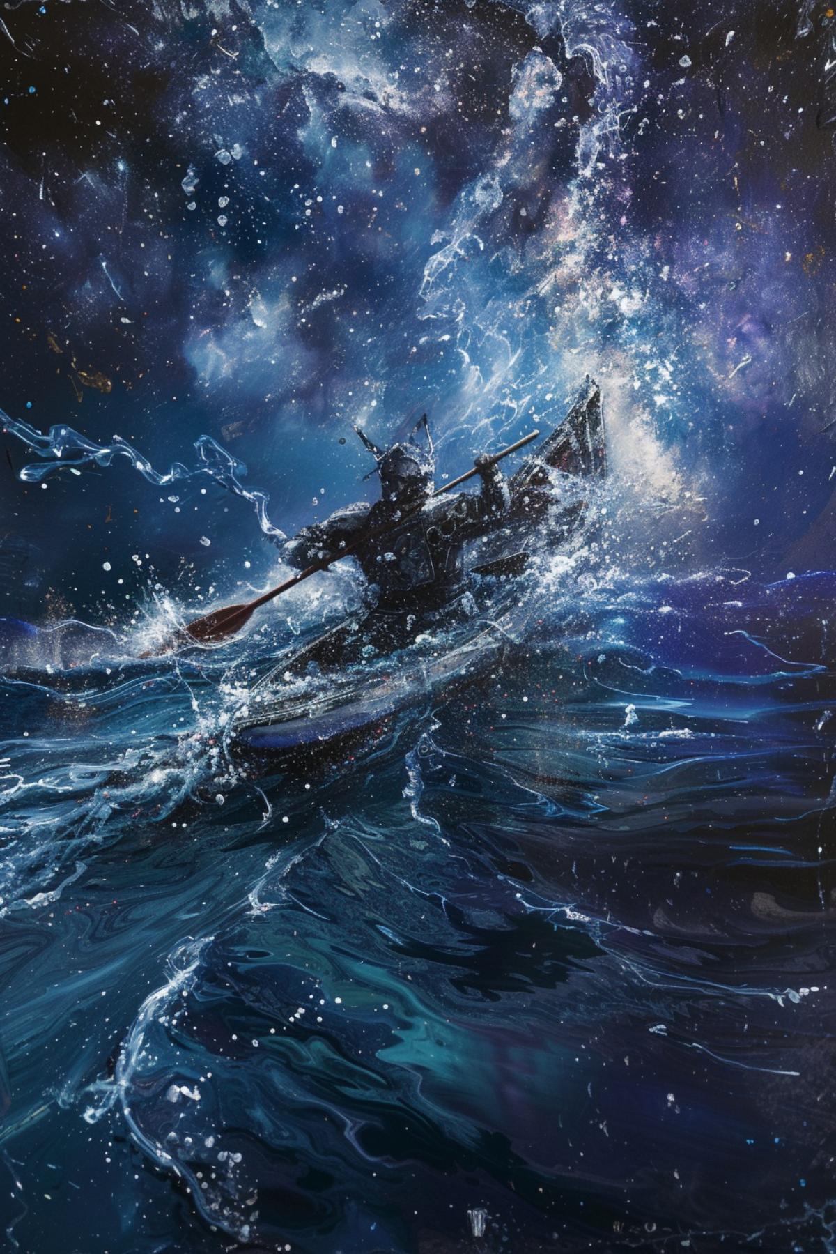 Rafting, stormy waters, knight, space in water, Milky Way, rafting on the Milky Way, fast waters, reflection in the water of space, in the style of thiago valdi, light dark and blue, realistic depiction of light, light blue and silver, solarizing master, cut/ripped, energetic frenzy ,highly detailed, packed with hidden details, style, high dynamic range, hyper realistic, realistic attention to detail, highly detailed, 32K, intense close ups, uhd image, realism, colorful realism