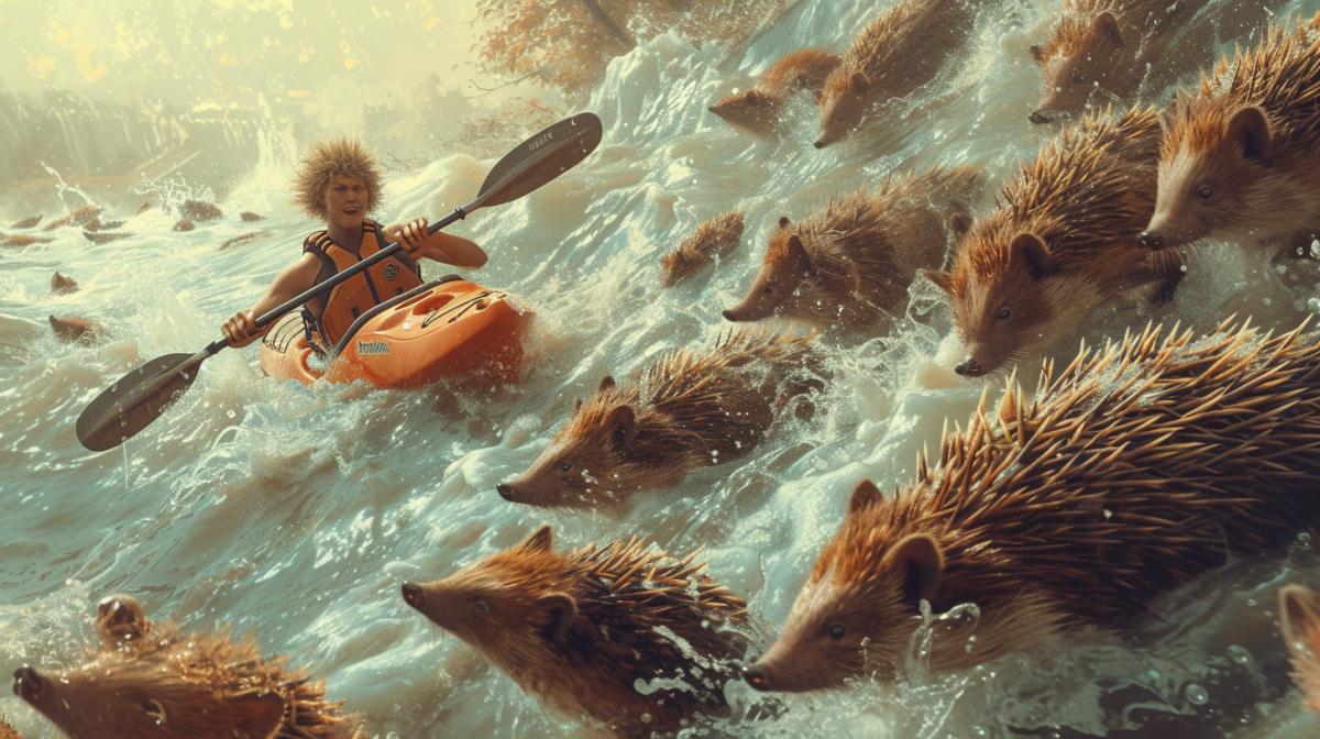 A man kayaks on an extreme turbulent hedgehogs river with a bunch of reefs and hedgehogs, instead of water there are a huge number of hedgehogs