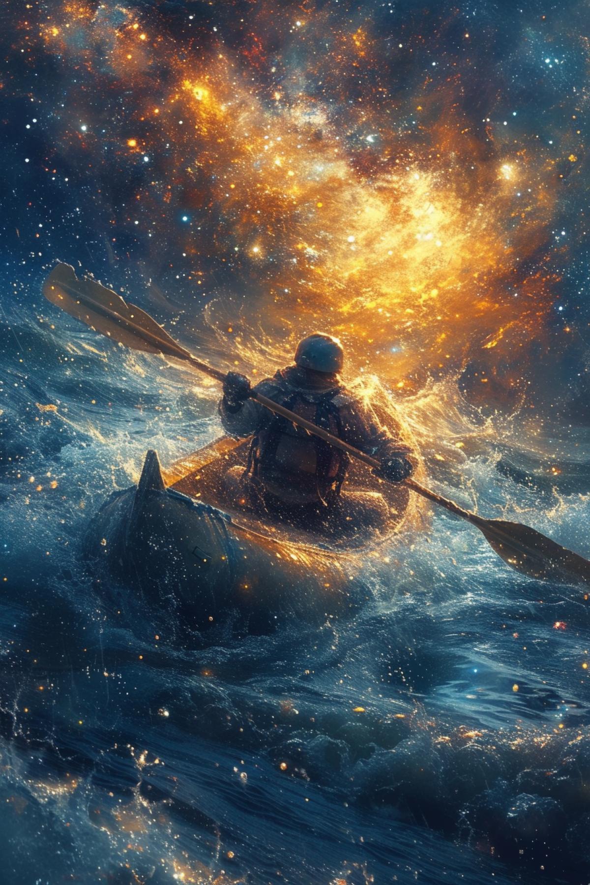 Rafting, stormy waters, knight, space in water, Milky Way, rafting on the Milky Way, fast waters, reflection in the water of space, in the style of thiago valdi, light dark and blue, realistic depiction of light, light blue and silver, solarizing master, cut/ripped, energetic frenzy ,highly detailed, packed with hidden details, style, high dynamic range, hyper realistic, realistic attention to detail, highly detailed, 32K, intense close ups, uhd image, realism, colorful realism