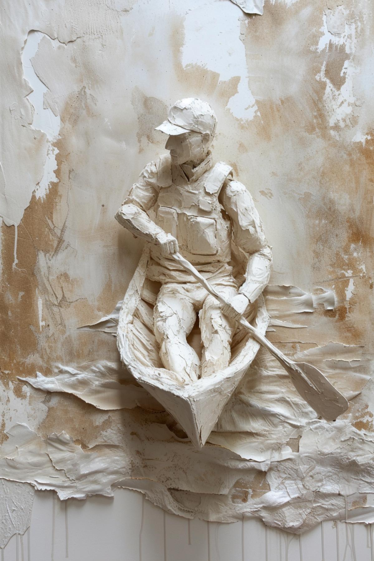 old paper rafting, in the style of banksy collage, plaster, beige, single object, captivating, acrylic paint