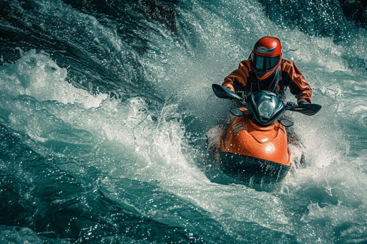 Rafting, a man on a motorcycle goes down the water, extreme