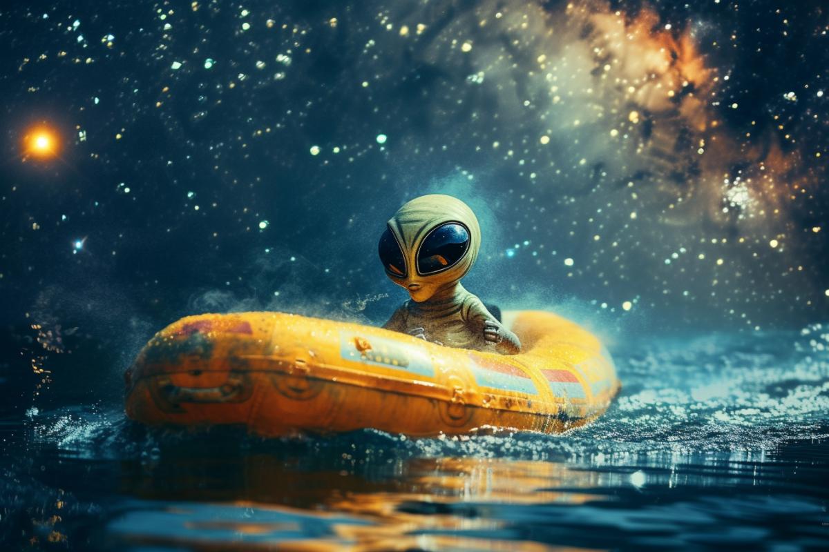 Rafting. An alien with dark almond-shaped eyes is rafting on a UFO boat on a river of stars